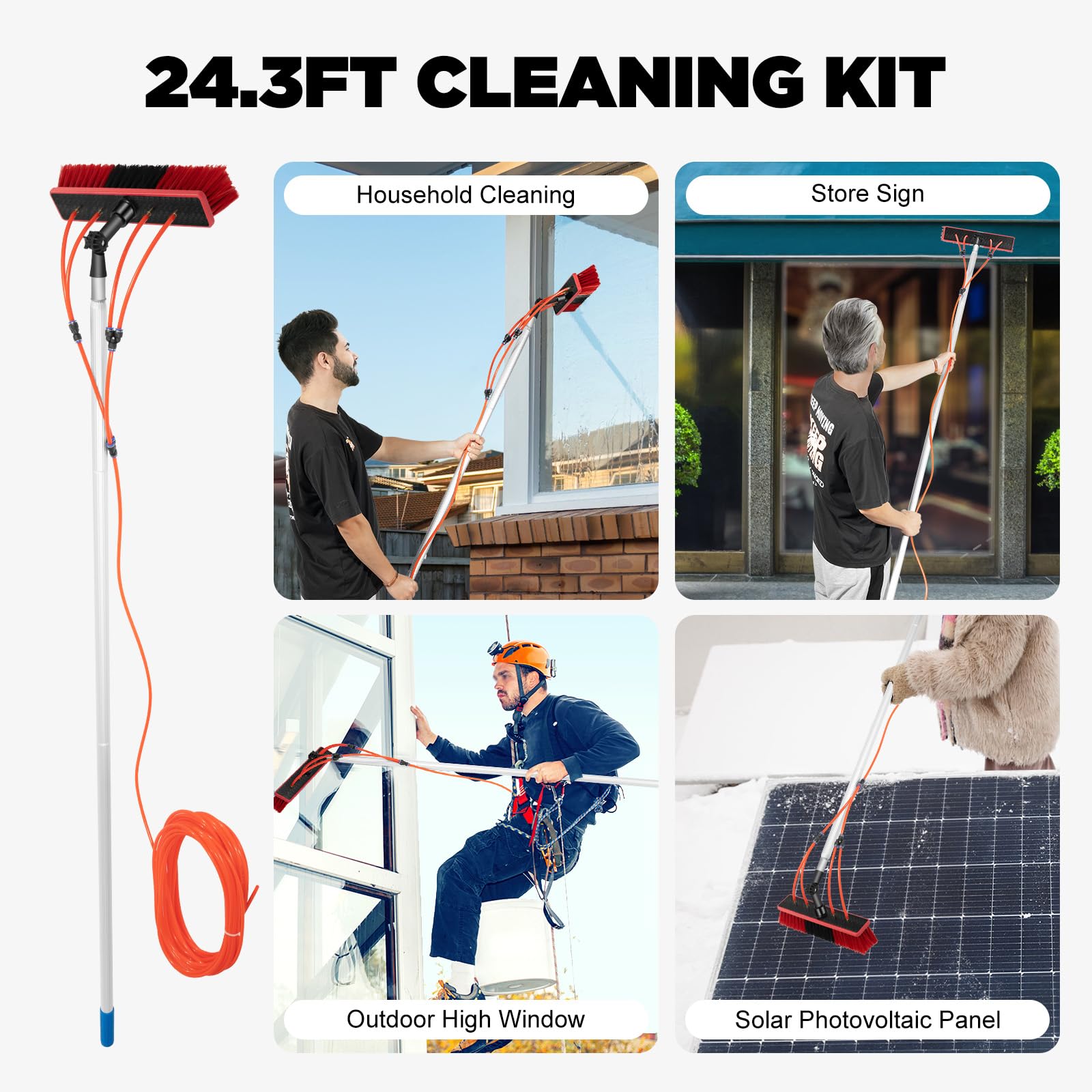 24.3FT Extendable Window Cleaning Pole Kit - 3-in-1 Water/Hose Fed Brush for Solar Panels, Photovoltaic & Outdoor Surfaces | 8M Reach Professional Cleaning Tool with Water Pipe Attachment for Home & Commercial Use