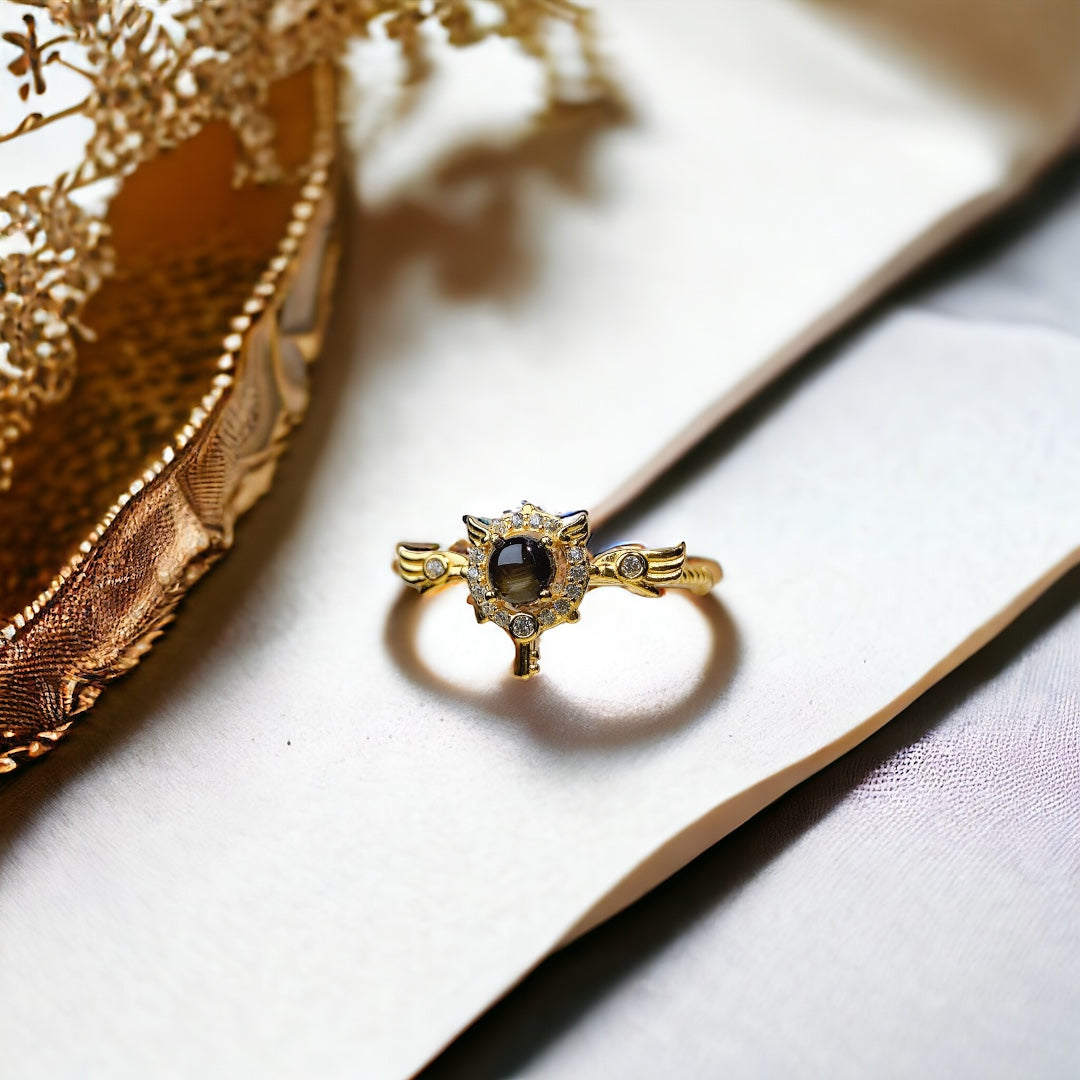 18K Gold Angel Wings Black Star Sapphire Ring for Women - Elegant Jewelry Gift for Birthday, Anniversary & Valentine's Day | NS2407