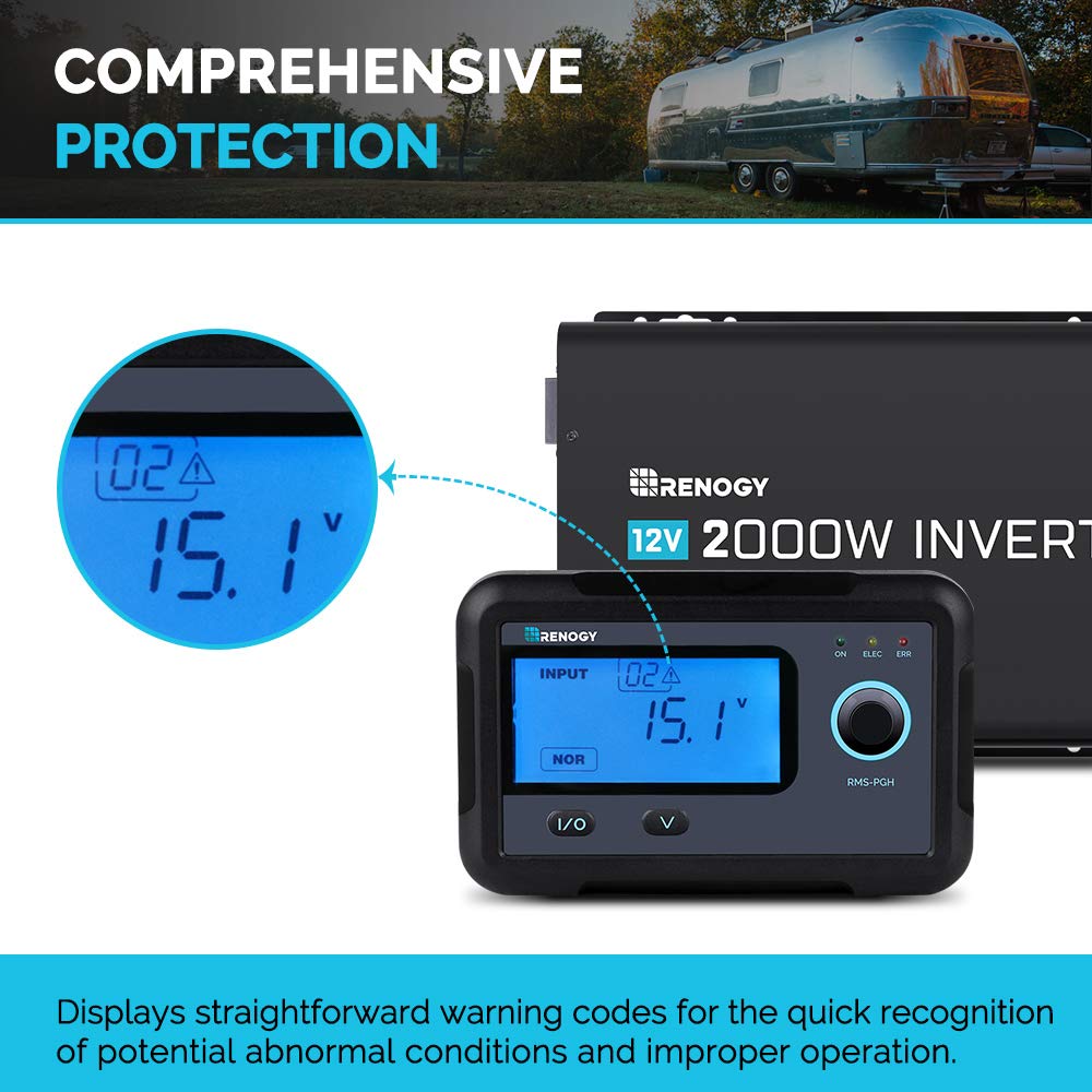 Renogy 2000W Pure Sine Wave Inverter with High Precision Remote Monitor - Smart LCD Display for RV, Solar Power System, Off-Grid Living - Compatible with PGH Series Inverters