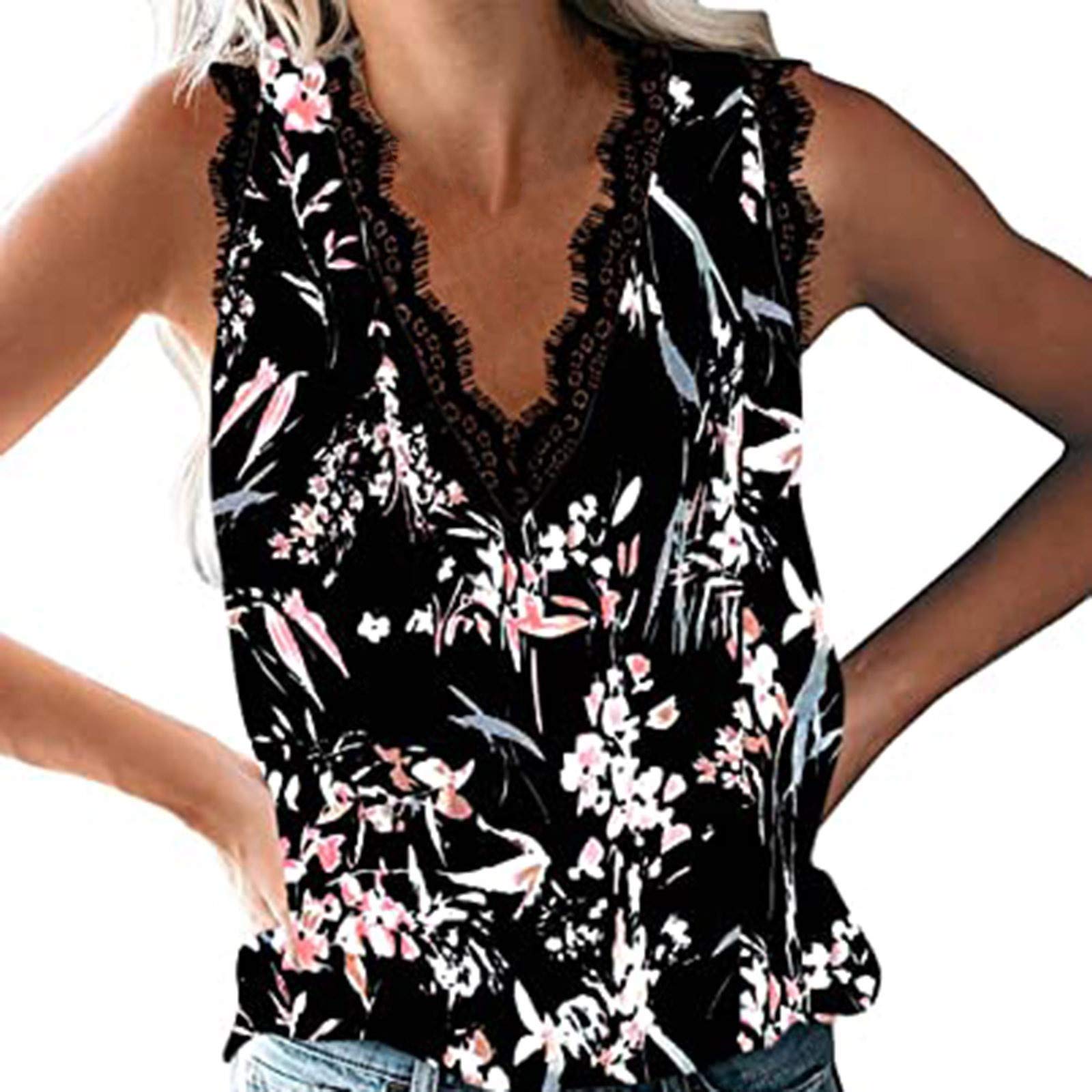 Embroidered Halter Tops for Women - Loose Fit Lace Tank Tops, Sexy Sleeveless Vest Camisole with Printed Design in Black XXXL | Perfect for Summer Outfits, Beach Wear & Casual Fashion