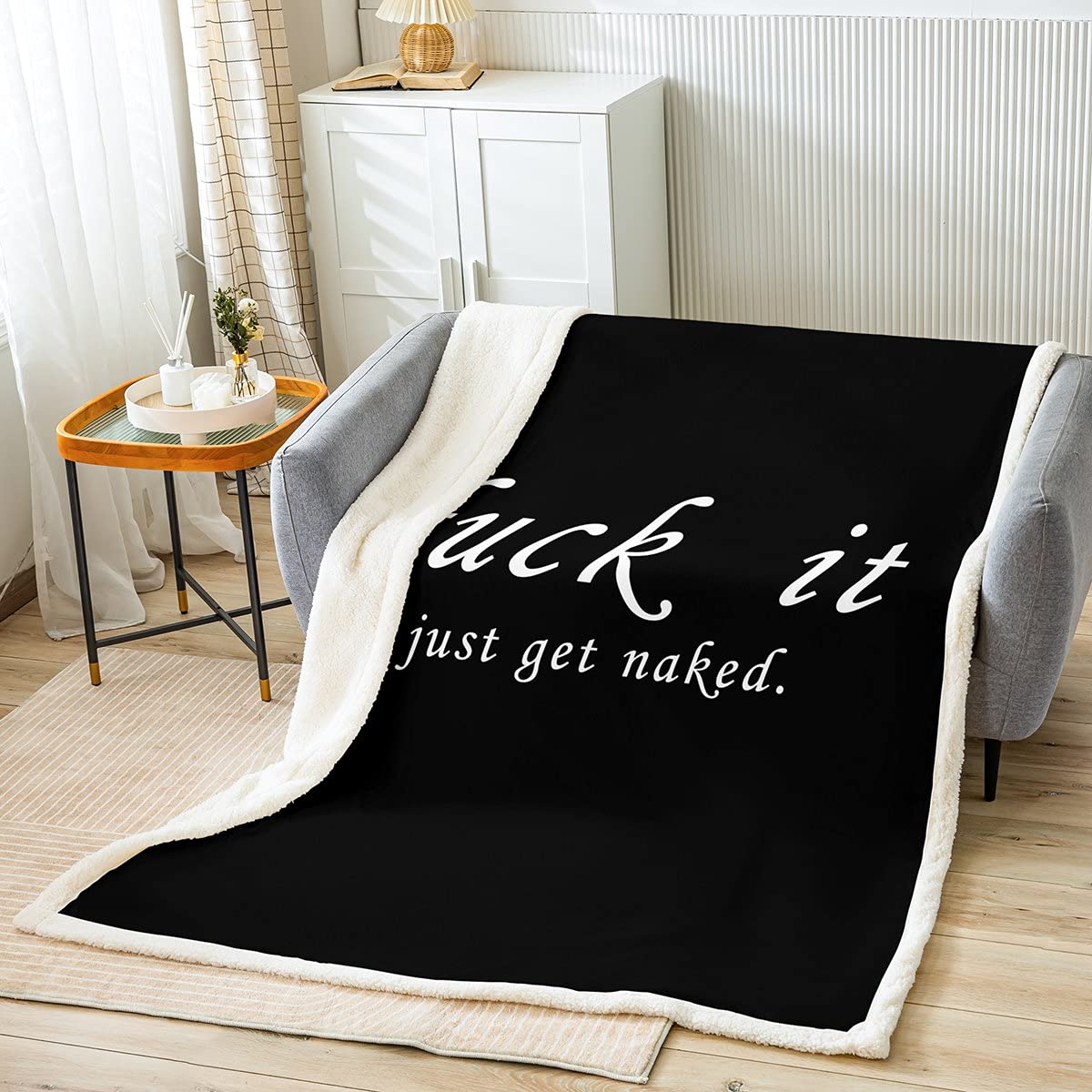 Funny Get Naked Sherpa Fleece Blanket - Soft Plush Couples Throw with Romantic Quotes, Black & White Creative Design for Couch, Bed & Room Decor (King Size 87x95 Inches) - Perfect for Snuggling, Gifts & Cozy Nights