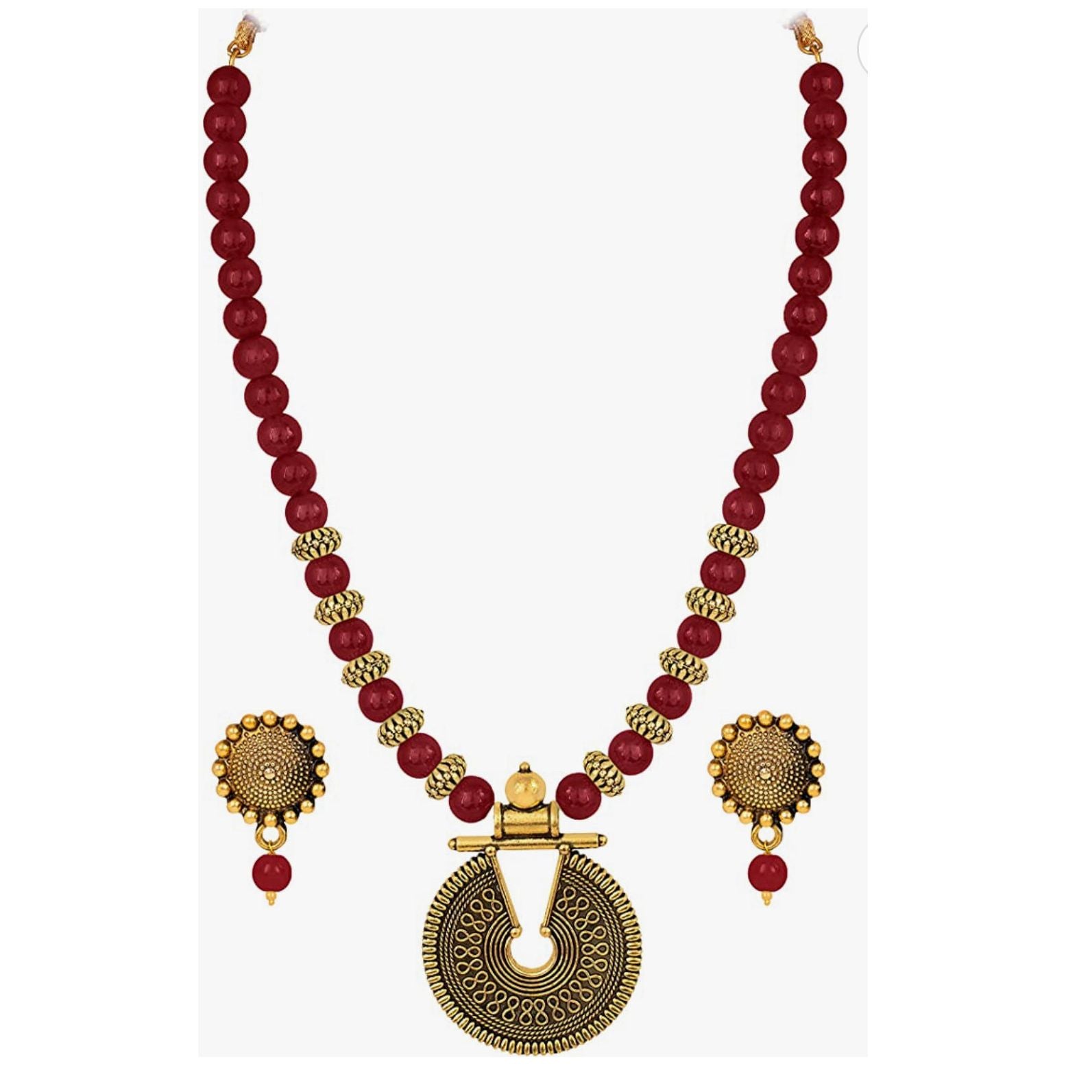 Elegant Gold Plated Beaded Necklace Set with Adjustable Thread Closure & Matching Earrings | Perfect for Weddings, Parties & Special Occasions