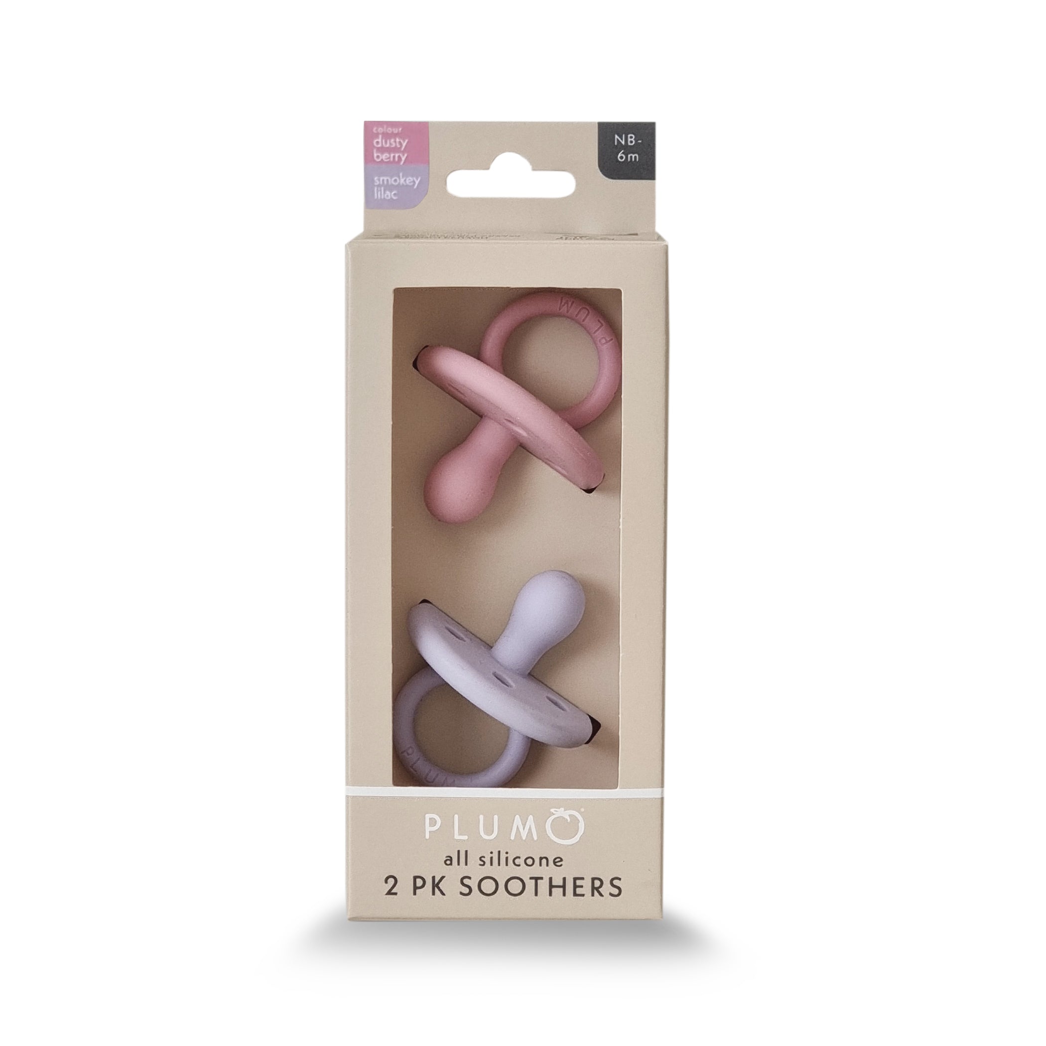 PLUM Silicone Baby Pacifiers & Connector Set - Berry (0-6 Months) - Perfect for Soothing and Comforting Newborns During Sleep and Travel
