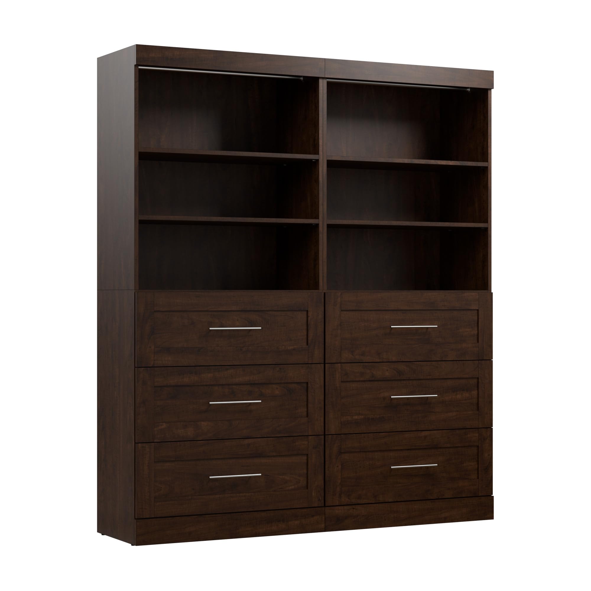 Bestar Pur Wardrobe Organizer with 3 Drawers - 72 Inch Wide Walk-in Closet Storage System for Bedroom, Laundry Room, Mudroom or Entryway - Chocolate Finish - Perfect for Small Space Organization & Clothes Storage