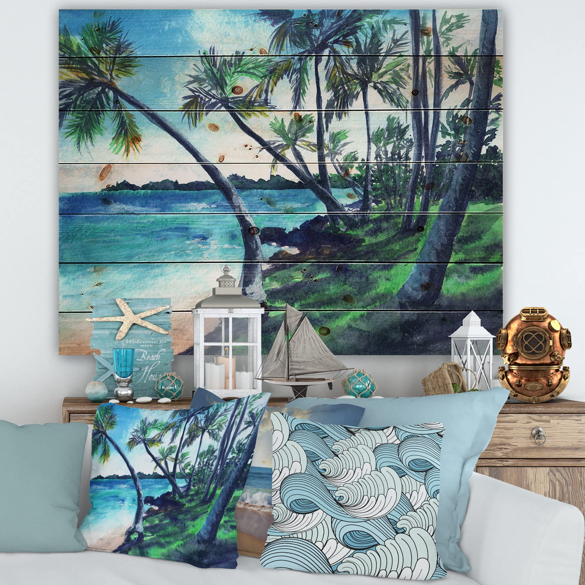 Tropical Beach Summer Paradise Nautical Coastal Wood Wall Decor - Blue Wooden Wall Art - Large Beach Wood Panels Printed on Natural Pine - Perfect for Coastal Living Rooms, Beach House Decor & Vacation Home Wall Art