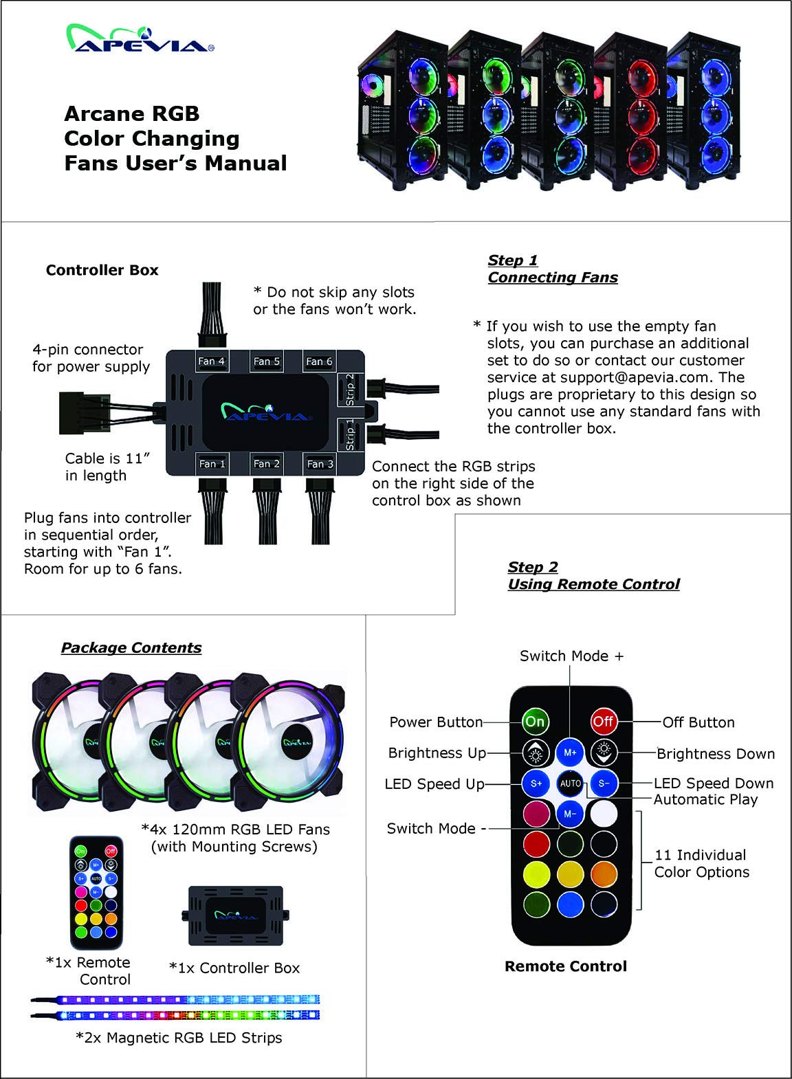 Apevia AC42-RGB 120mm RGB LED PC Cooling Fan with Remote Control, 16 LEDs & Anti-Vibration Pads - 2 Magnetic LED Strips Included (4+2 Pack) - Perfect for Gaming PCs, Workstations & Custom PC Builds