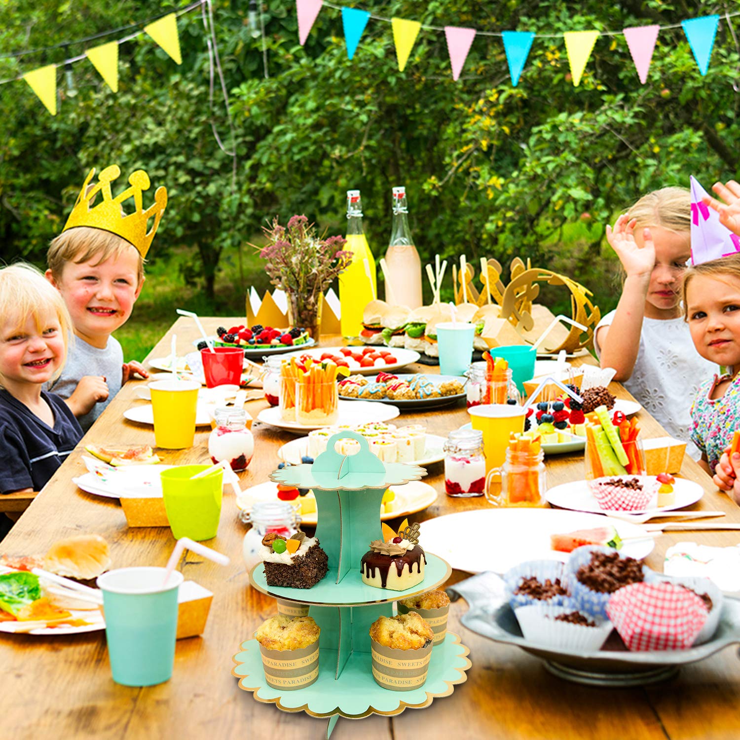 3-Tier Cupcake Stand Set - Green Cardboard Dessert Display Tower for Mini Cakes, Cookies, Fruits & Candy Buffet | Perfect for Birthday Parties, Baby Showers & Wedding Receptions