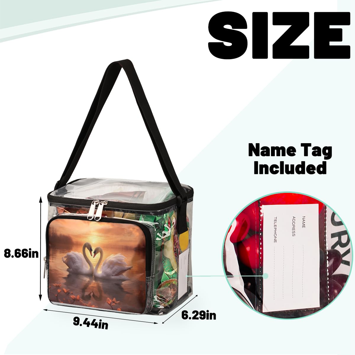 GzLeyigou White Swan Transparent Tote Bag with Handles - Waterproof Clear Crossbody Shoulder Bag for Lunch, Outdoor Activities, Travel, Picnic, Concerts & Sports Events | Stadium Approved Multipurpose Purse | Perfect for Beach Days, Shopping, and Music Festivals