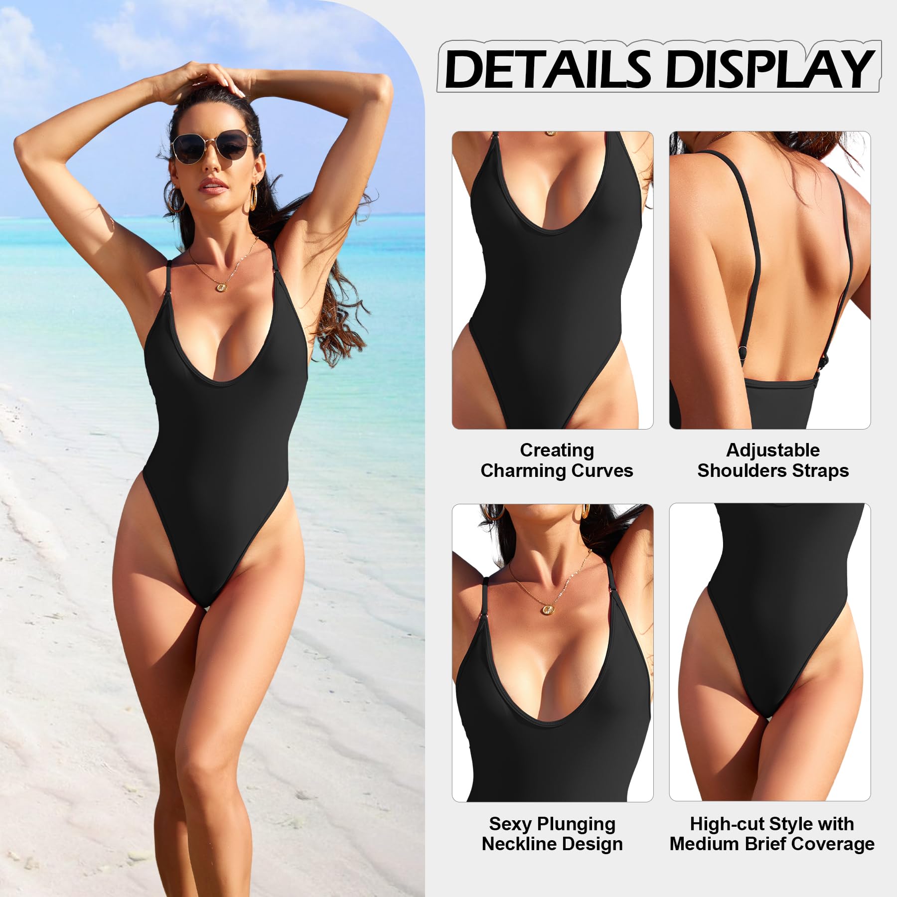 Zando Women's V-Neck Cheeky One Piece Swimsuit 2025 - Thong Bathing Suit for Beach, Pool & Vacation | Sexy Summer Swimwear for Women