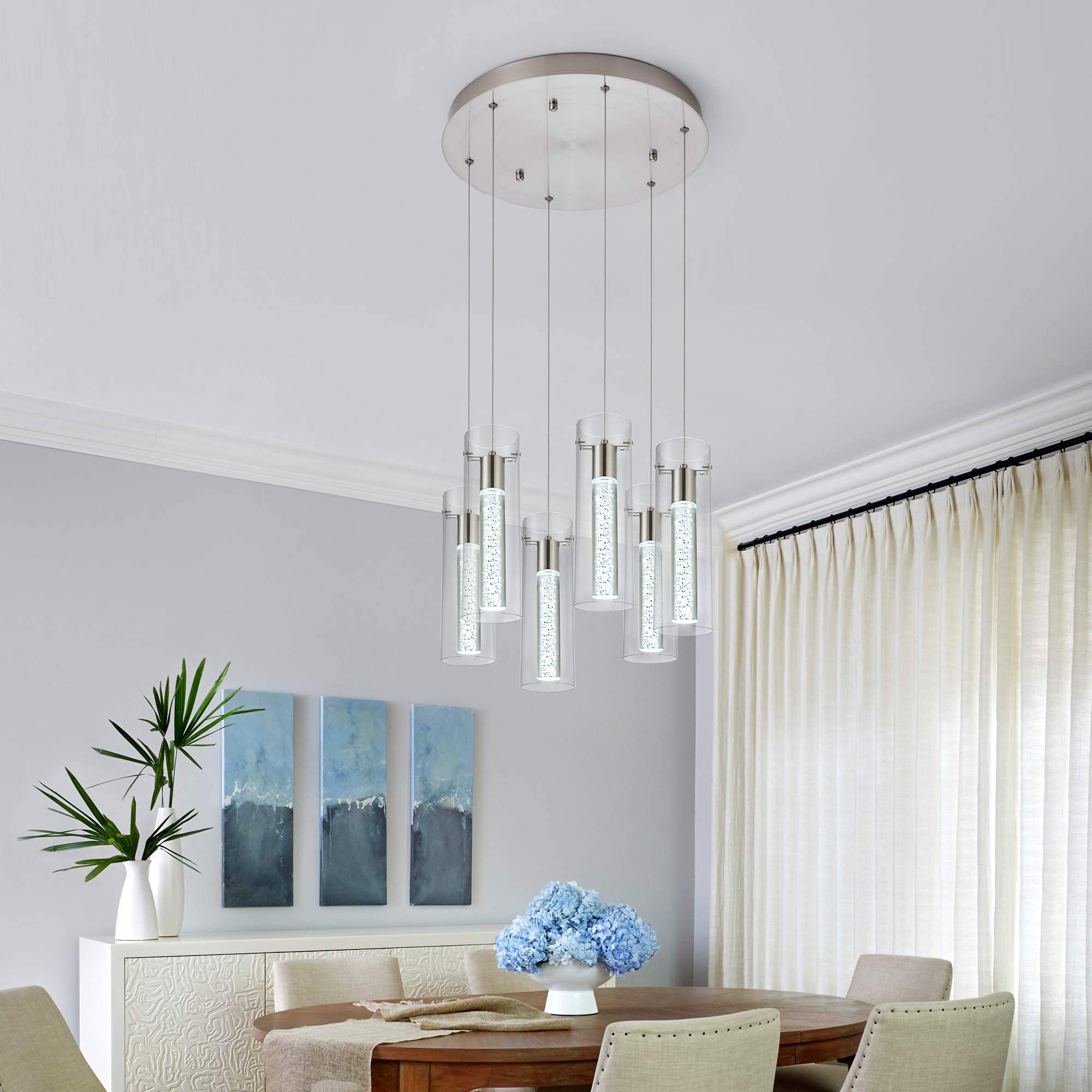 Modern Crystal Bubble Glass Pendant Lights - 6-Light Dimmable LED Kitchen Island Lighting Fixture (48W) for Dining Room, Restaurant & Home Decor - Elegant Ceiling Hanging Lights for Modern Interiors