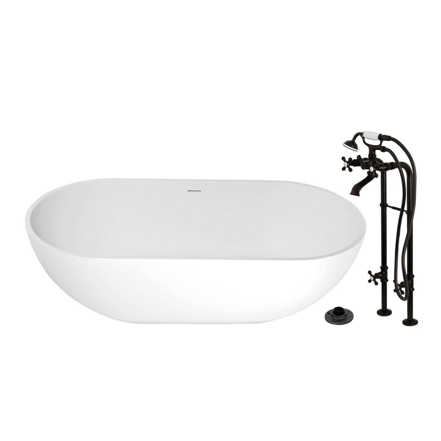 Arcticstone 70 Inch Freestanding Oval Bathtub with Oil Rubbed Bronze Faucet - Solid Surface Double Ended Soaking Tub for Luxury Bathroom & Spa Relaxation at Home