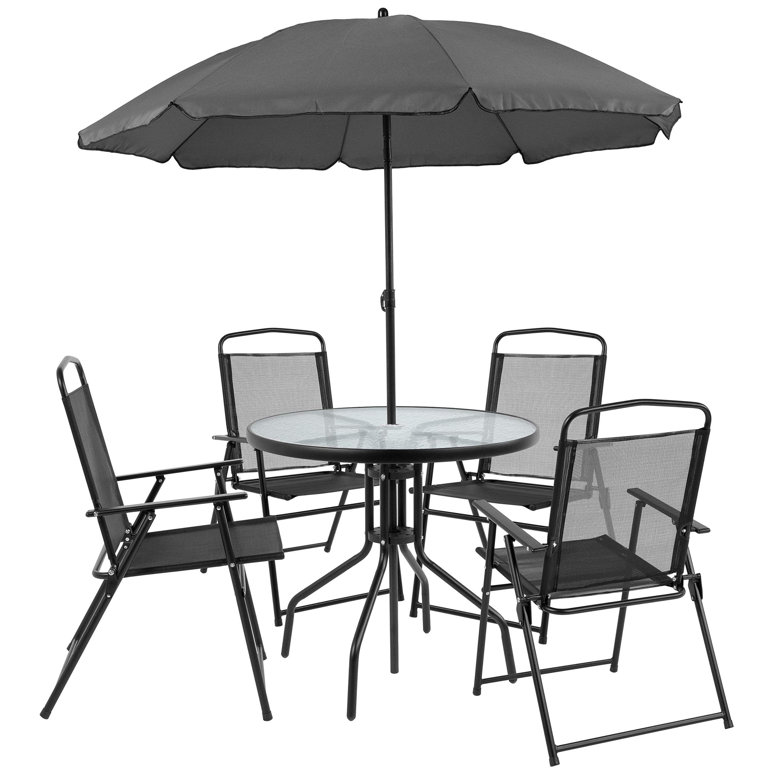 Emma & Oliver 6-Piece Black Patio Furniture Set with Umbrella Table & 4 Folding Chairs - Outdoor Garden, Backyard, Poolside Dining & Relaxation Set
