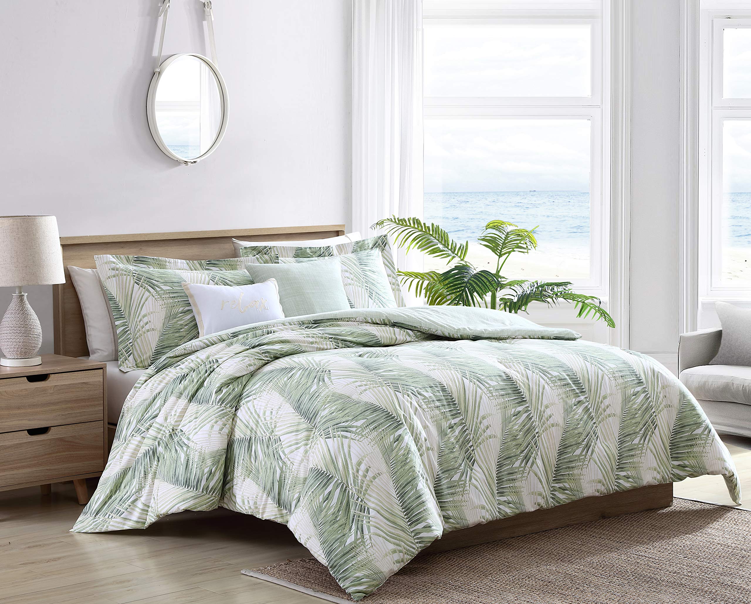 Tommy Bahama Queen Comforter Set - Reversible 100% Cotton Bedding with Shams & Bonus Throw Pillows | Ultra Soft Luxury Bedding for Master Bedroom, Guest Room (Kauai Green, Queen Size)
