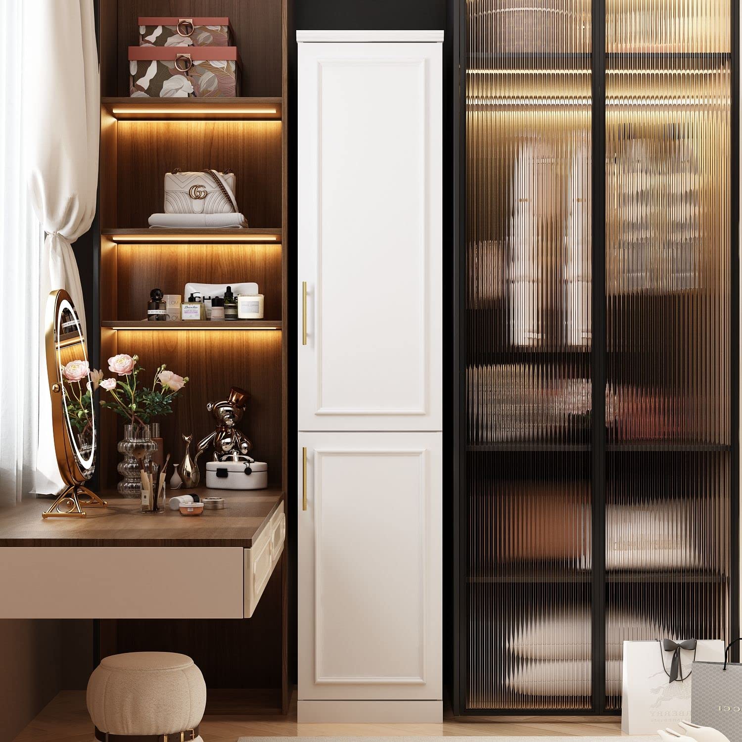 FAMAPY 2 Door Wardrobe Closet - Tall Narrow Armoire with Hanging Rod & Gold Metal Handles, White Bedroom Storage Cabinet (15.7”W x 19.3”D x 74.9”H) - Perfect for Small Spaces, Apartments, Dorm Rooms & Closet Organization