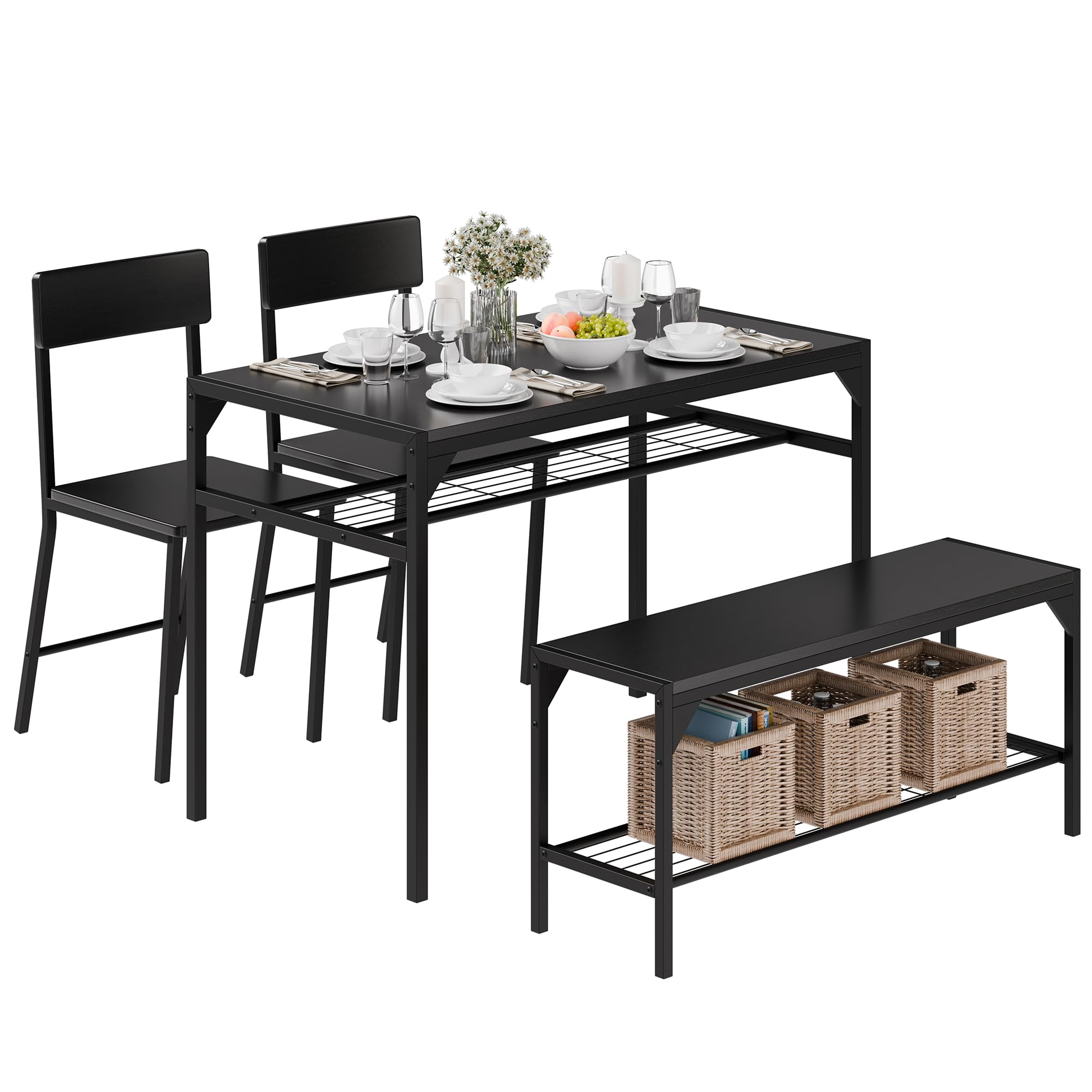 Meilocar 4-Piece Wooden Dining Table Set with 2 Chairs & Bench, Industrial Kitchen Table with Storage Racks - Perfect for Small Spaces, Breakfast Nooks & Modern Farmhouse Dining Rooms
