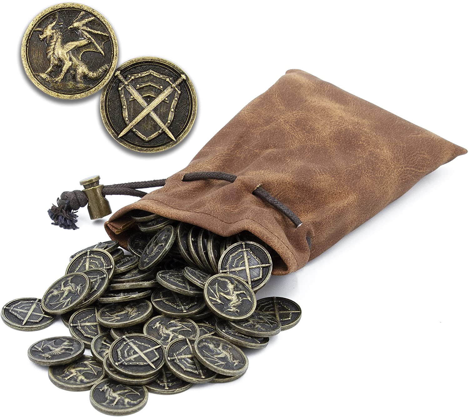 CASEMATIX 100-Piece Metal Coins Set for DND & Tabletop RPG Games - Fantasy Coins with Dragon & Sword Shield Engraving + Carrying Pouch - Perfect for Dungeons & Dragons, Pathfinder, and Board Game Accessories