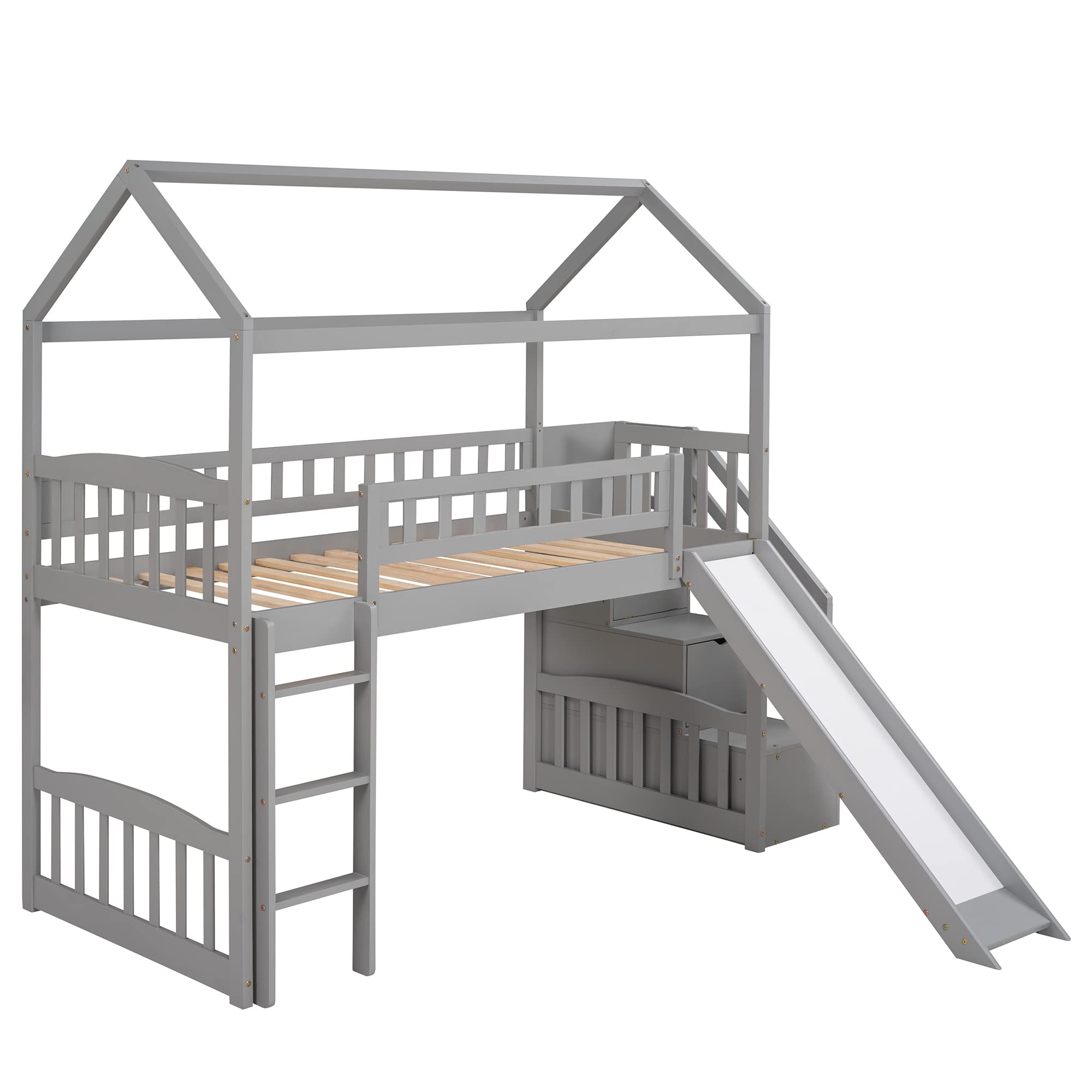 Twin Loft Bed with Slide & Stairs - Wooden House Cabin Bed for Kids & Toddlers with Storage Drawers | Space-Saving Kids Bedroom Furniture for Small Rooms & Play Areas (Grey)
