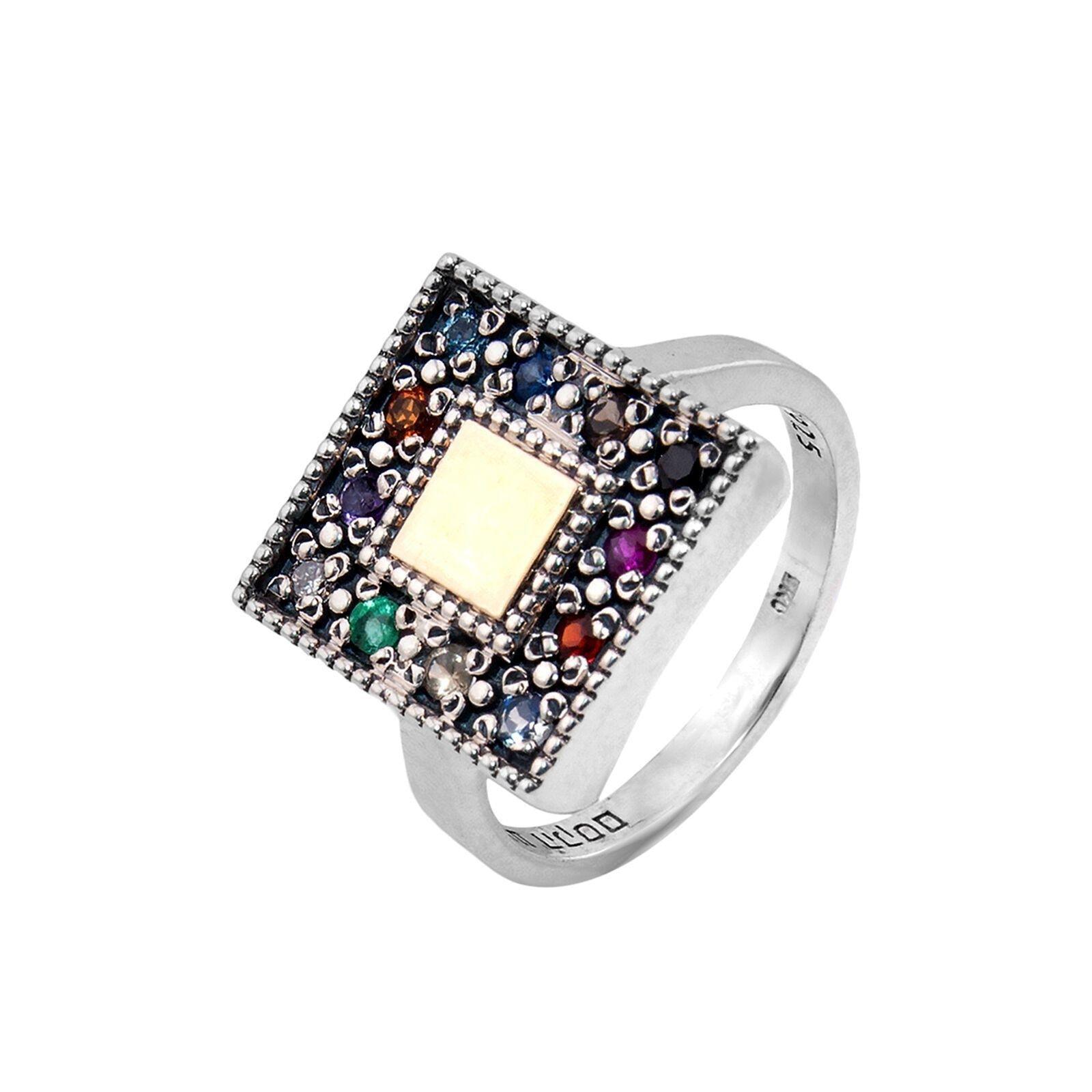 Square Kabbalah Ring with Stones - Sterling Silver & 9K Gold Jewelry for Men & Women - Perfect for Spiritual Protection & Fashion Accessories