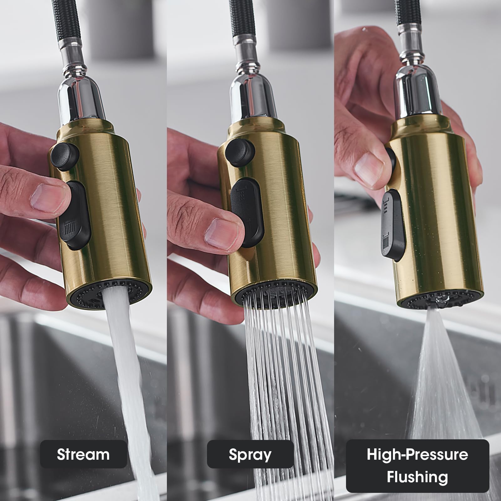**CLOVERMAP Pull Down Kitchen Faucet Sprayer Head Replacement - 3 Function Spray Nozzle with 9 Adapters, Brushed Gold - Perfect for Sink Cleaning, Dishwashing & Food Prep**