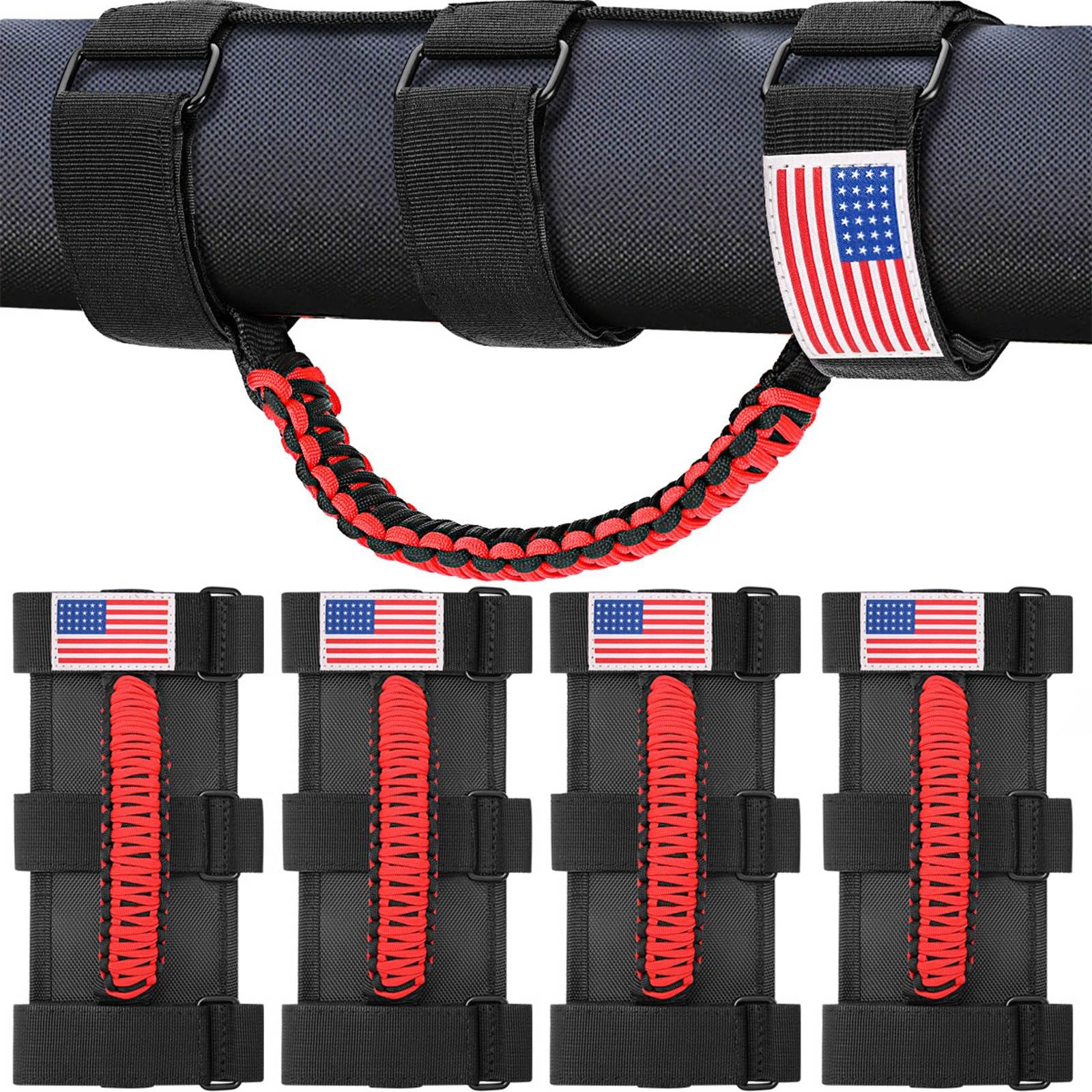 4 Pack Roll Bar Grab Handles for Jeep Wrangler JL JK TJ YJ & Gladiator (1955-2023) - Heavy Duty Paracord Grip with Metal Buckle - Durable Off-Road Accessories (Red) - Perfect for Trail Riding & Adventure Trips