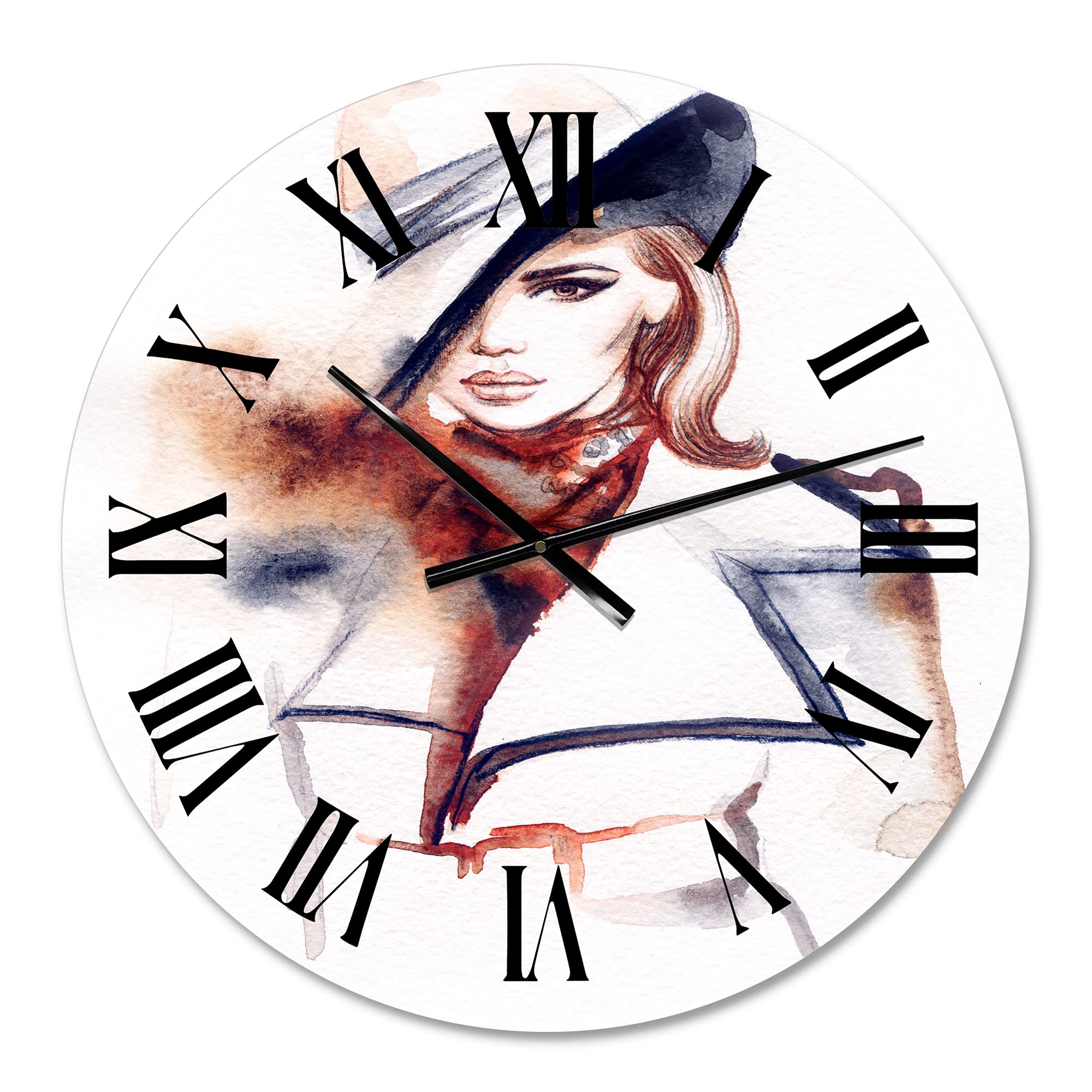 DesignQ Modern Large Wall Clock - Fashion Portrait of Woman with Hat - Elegant Kitchen Decor & Home Office Wall Art - Perfect for Living Room, Bedroom, and Dining Area Decoration
