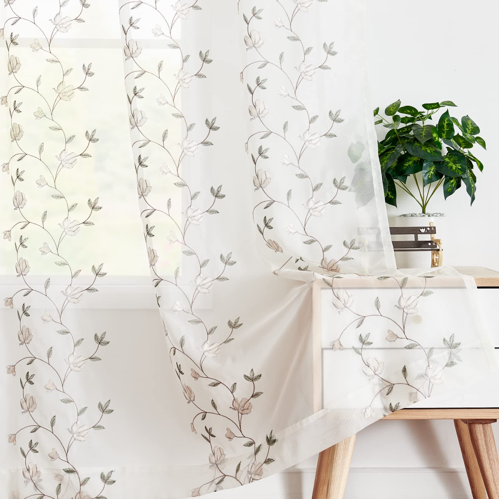 Jinchan Floral Embroidered Sheer Curtains - Semi-Transparent Drapes for Living Room & Bedroom, Grey Embroidery Window Panels with Rod Pocket, 96 Inch Length (Set of 2) - Perfect for Soft Lighting & Privacy in Home Decor