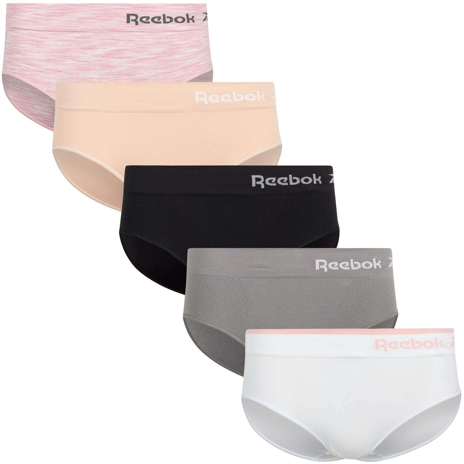 Reebok Women's Seamless Hipster Underwear Briefs - 5 Pack (X-Large) in Pink Space-Dye, Rose Dust, White, Quiet Shade & Black | Comfortable Cotton Panties for Yoga, Workout & Everyday Wear