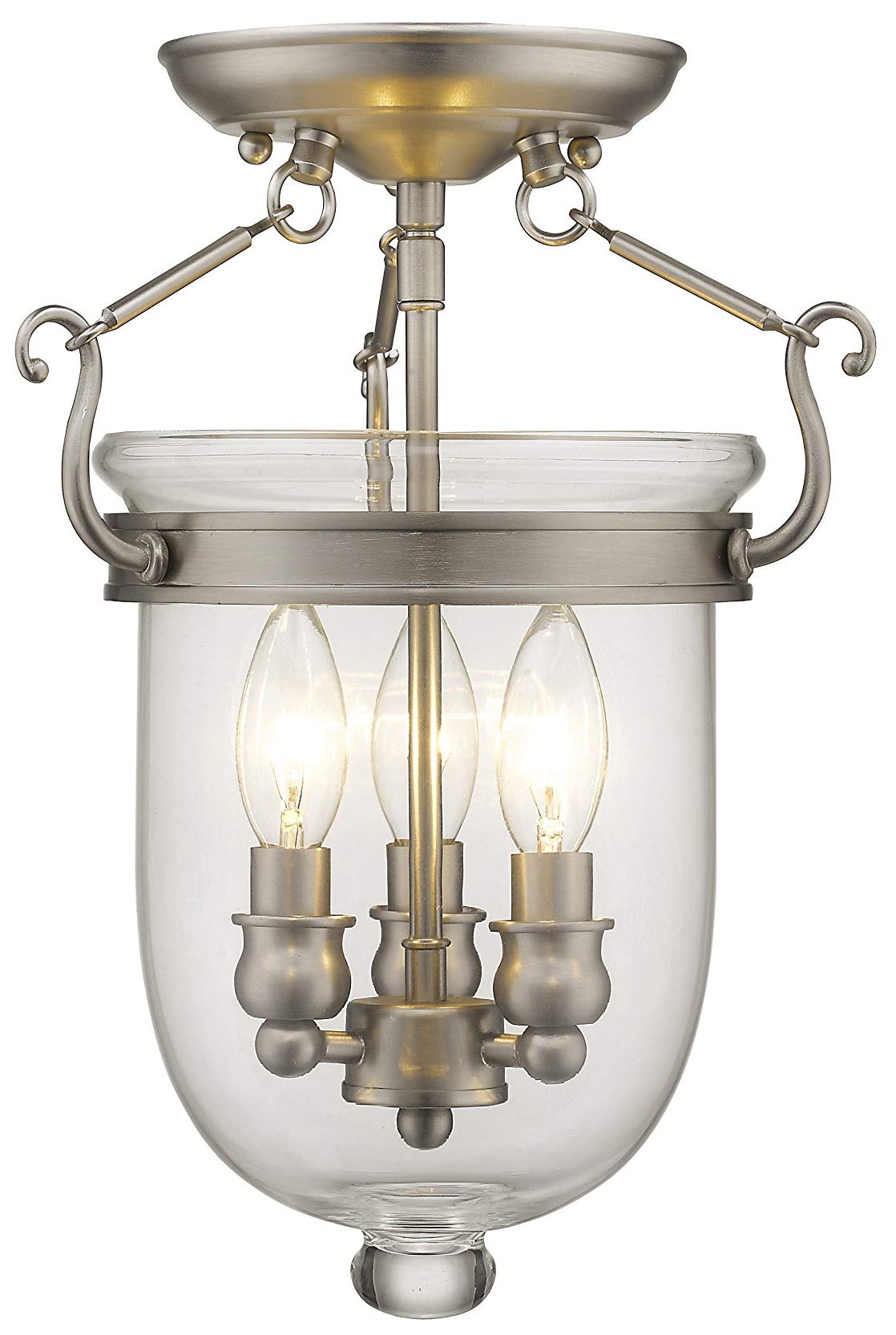 Livex Lighting Jefferson 3-Light Brushed Nickel Semi-Flush Mount Bell Jar Ceiling Fixture with Clear Glass Shades - Perfect for Dining Room, Bedroom, or Entryway Lighting