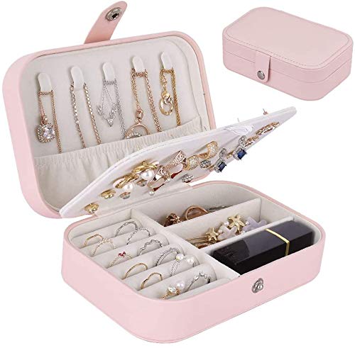 Best Portable Travel Jewelry Box - 2-Layer Leather Jewelry Organizer for Women | Ring, Necklace & Earring Storage Case | Perfect Gift for Her, Birthday, Anniversary | Compact Display Case for Travel, Home & Office Use (Pink)
