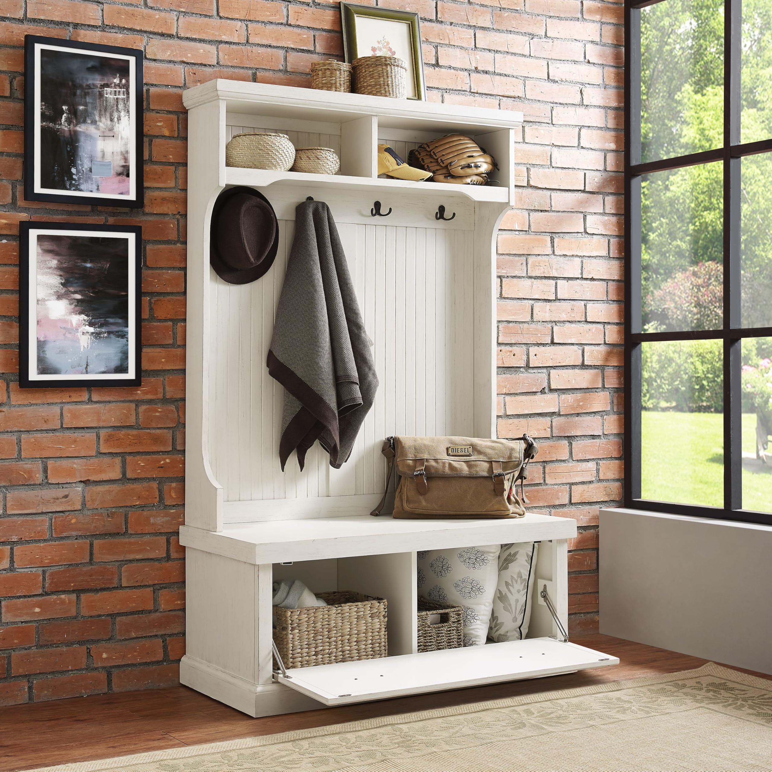 Crosley Furniture Seaside Hall Tree with Shoe Rack Bench & Coat Hooks - Entryway Storage Organizer in Distressed White - Perfect for Mudrooms, Foyers & Small Space Entry Organization