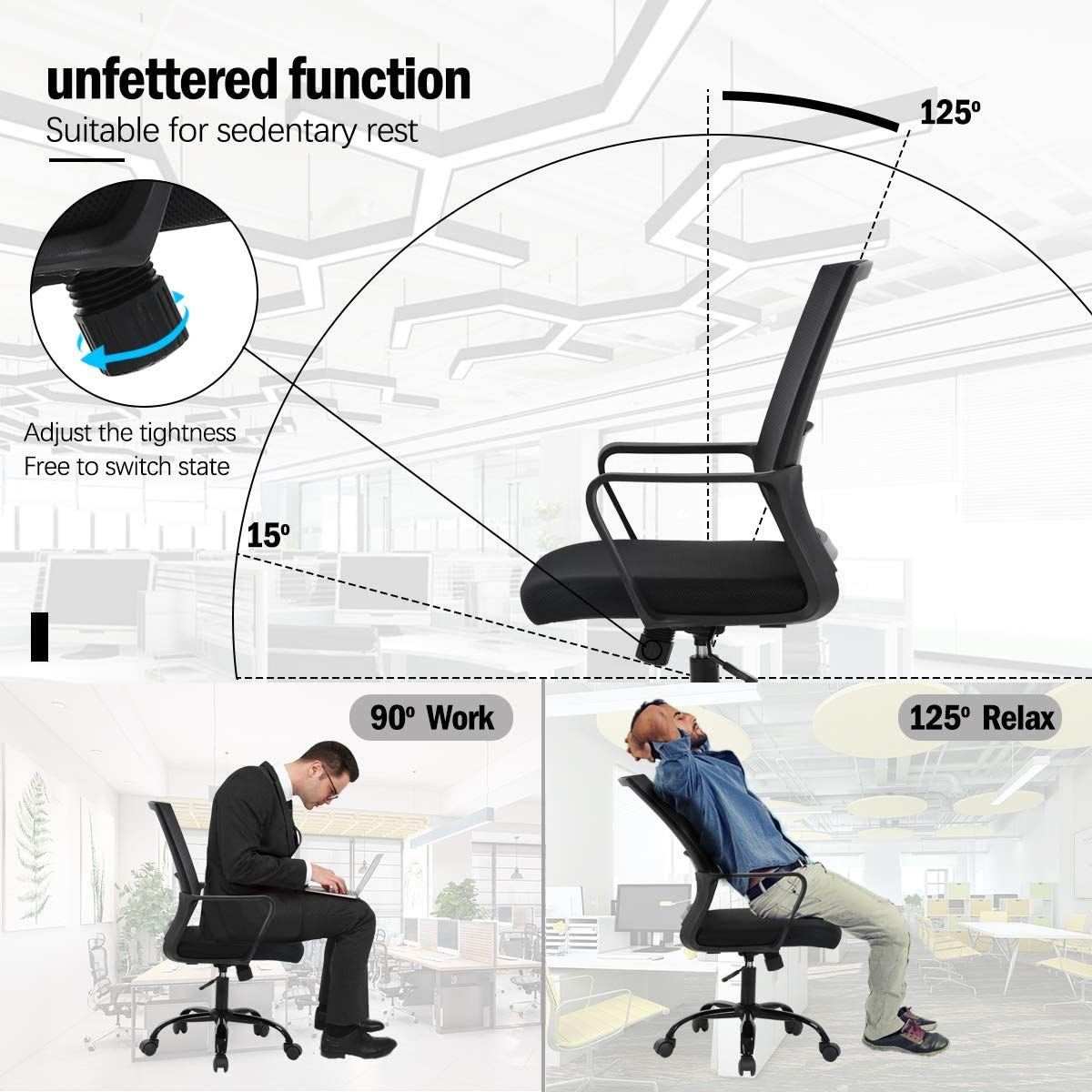 Ergonomic Office Chair - Adjustable Height Mesh Computer Desk Chair with Lumbar Support & Armrests - Modern Swivel Task Chair for Women & Men - Perfect for Home Office, Gaming & Workspaces - Black