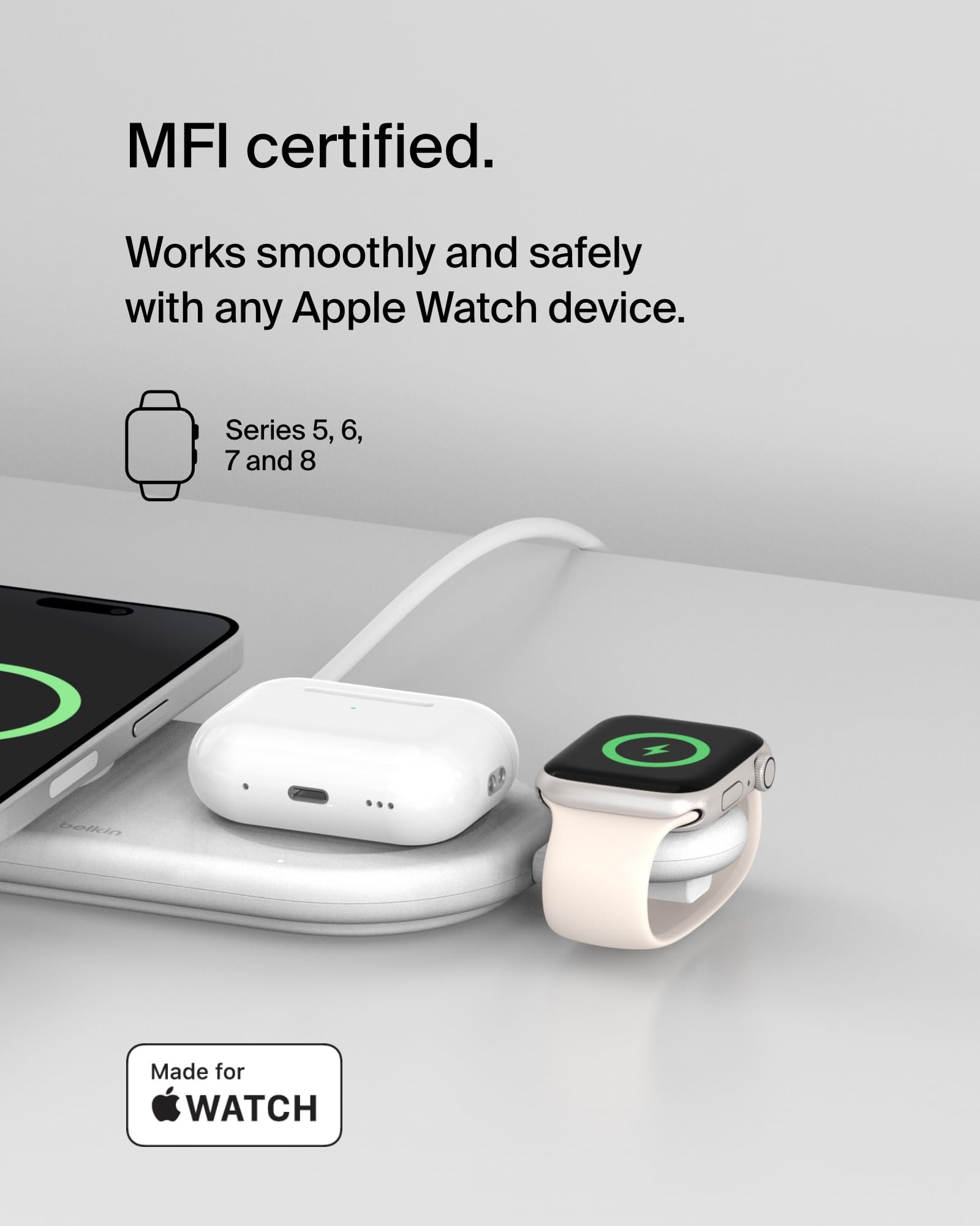 Belkin MFi Certified Portable USB-C Apple Watch Charger - Fast Charging for Apple Watch Series 9/8/7/Ultra & SE - Compatible with MacBook, iPhone 16, iPad Pro - Compact Travel Charger for Home, Office & Gym - White