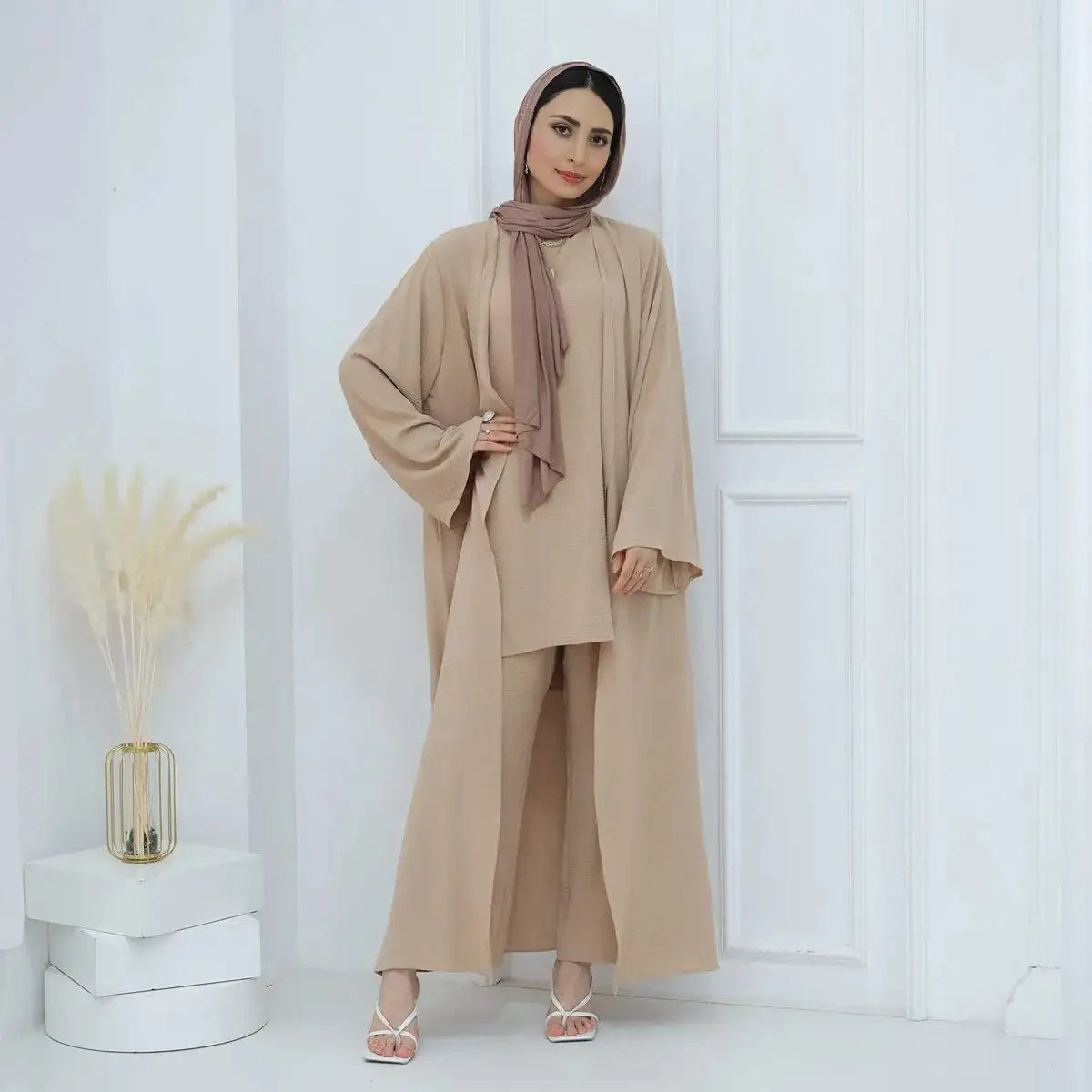 3-Piece Sleeveless Top & Pant Suit with Open Abaya Dress for Muslim Women - Modest Islamic Fashion for Prayer, Eid, Wedding & Special Occasions