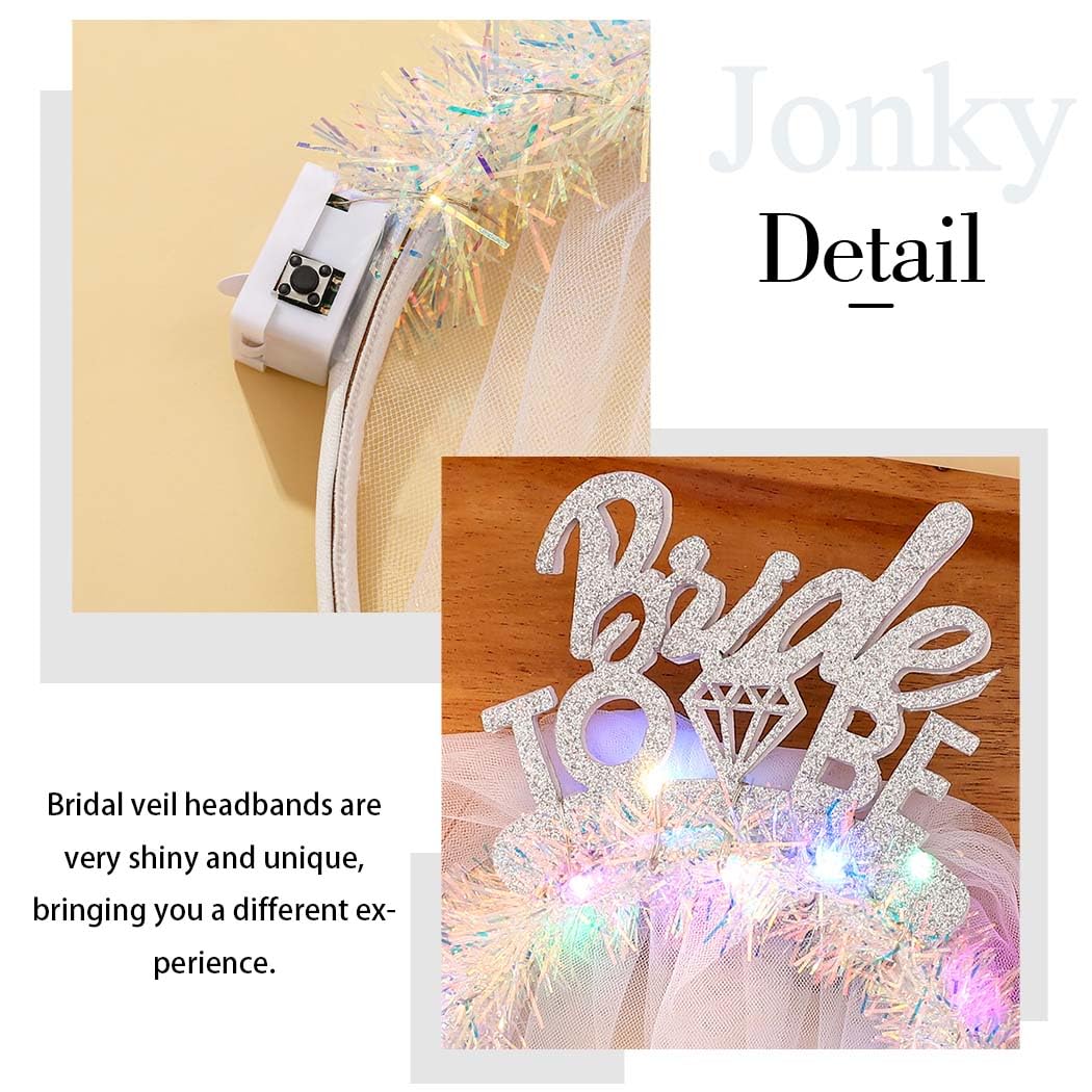 JONKY LED Light Up Bride to Be Veil Headband - Sparkling White Bridal Hair Accessory with Tulle Short Veil for Bachelorette Parties, Weddings & Special Events - Perfect for Women & Girls