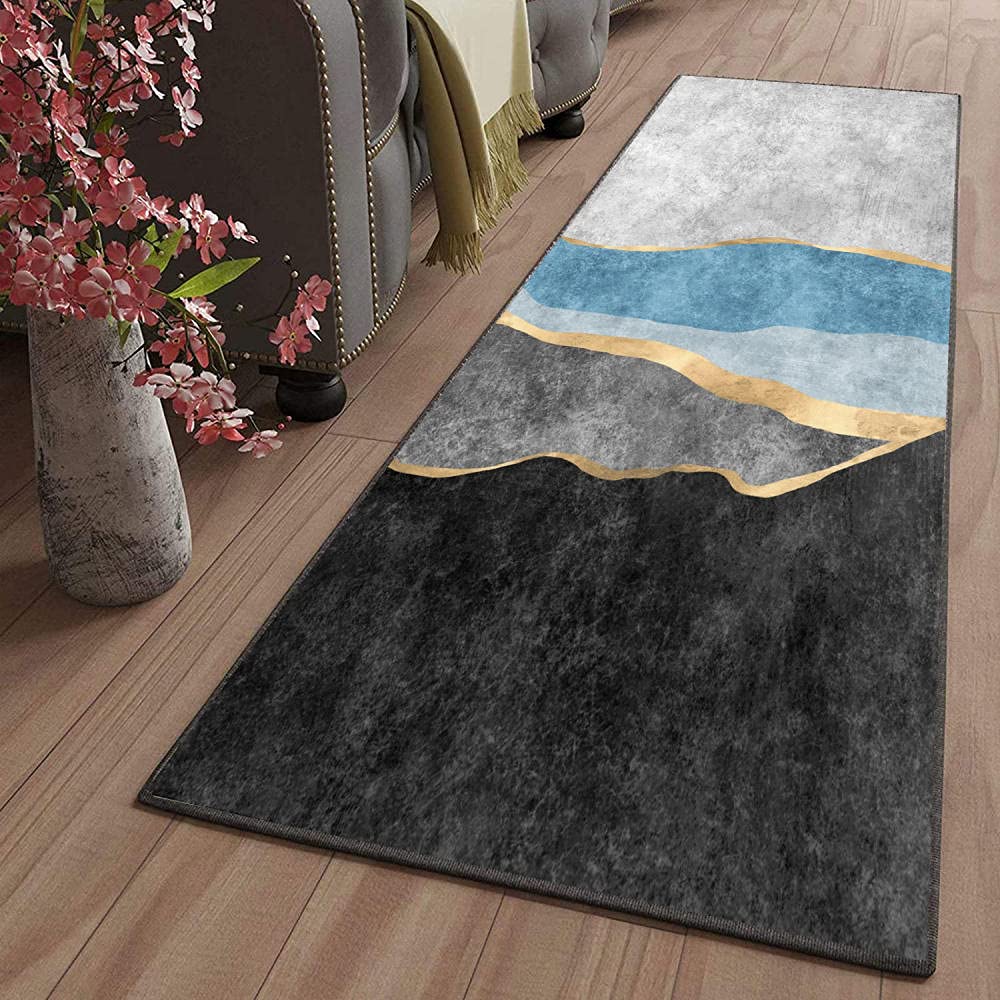 Vintage Non-Slip Runner Rug 39.3×58.95 Inches - Black Gray Blue Striped Hallway Carpet for Entryway, Living Room & Bedroom | Durable Floor Mat for High Traffic Areas