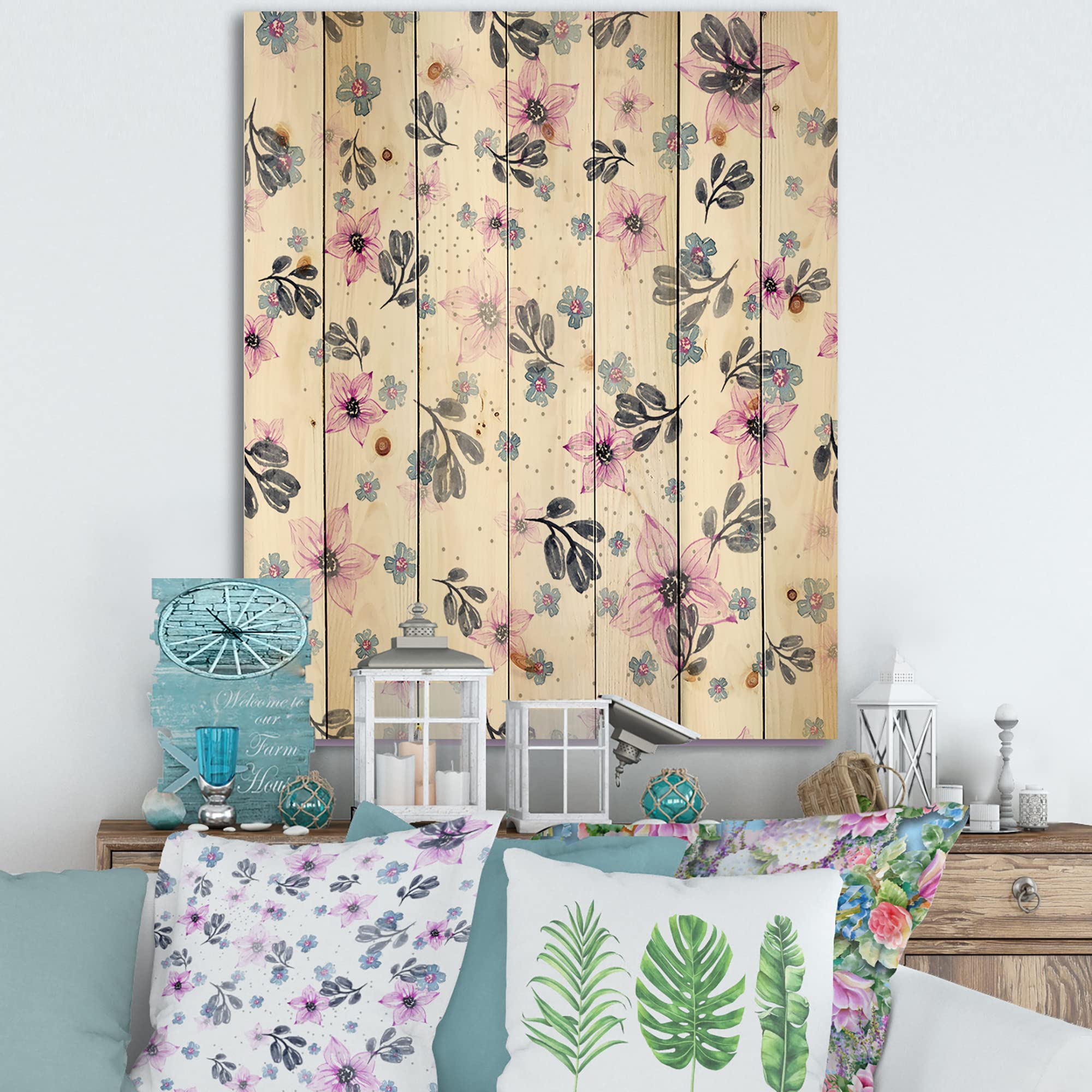 DesignQ Pink Floral Wood Wall Decor - Handcrafted Traditional Pine Wood Art with Purple Petals, Large Wall Panel for Living Room, Bedroom & Home Decor