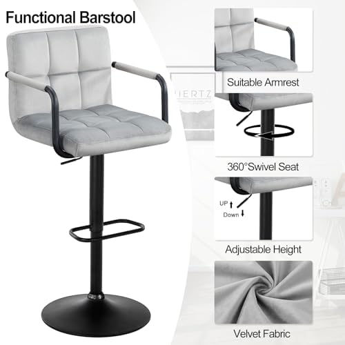Furniliving Set of 2 Adjustable Velvet Bar Stools with Armrests - 360° Swivel Square Counter Stools for Kitchen Island & Dining Room (Grey) | Perfect for Breakfast Bars, Home Bars & Modern Kitchen Decor