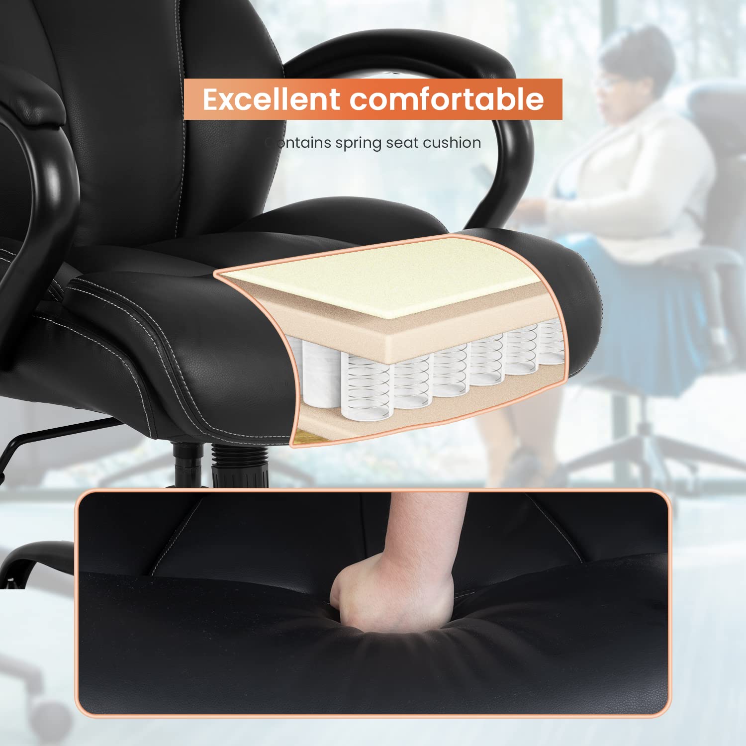 Big and Tall 500lbs Office Chair - Wide Seat Executive Desk Chair with Lumbar Support & Adjustable Arms - High Back PU Leather Ergonomic Computer Chair for Back Pain Relief - Perfect for Home Office, Gaming & Workspaces (Black)