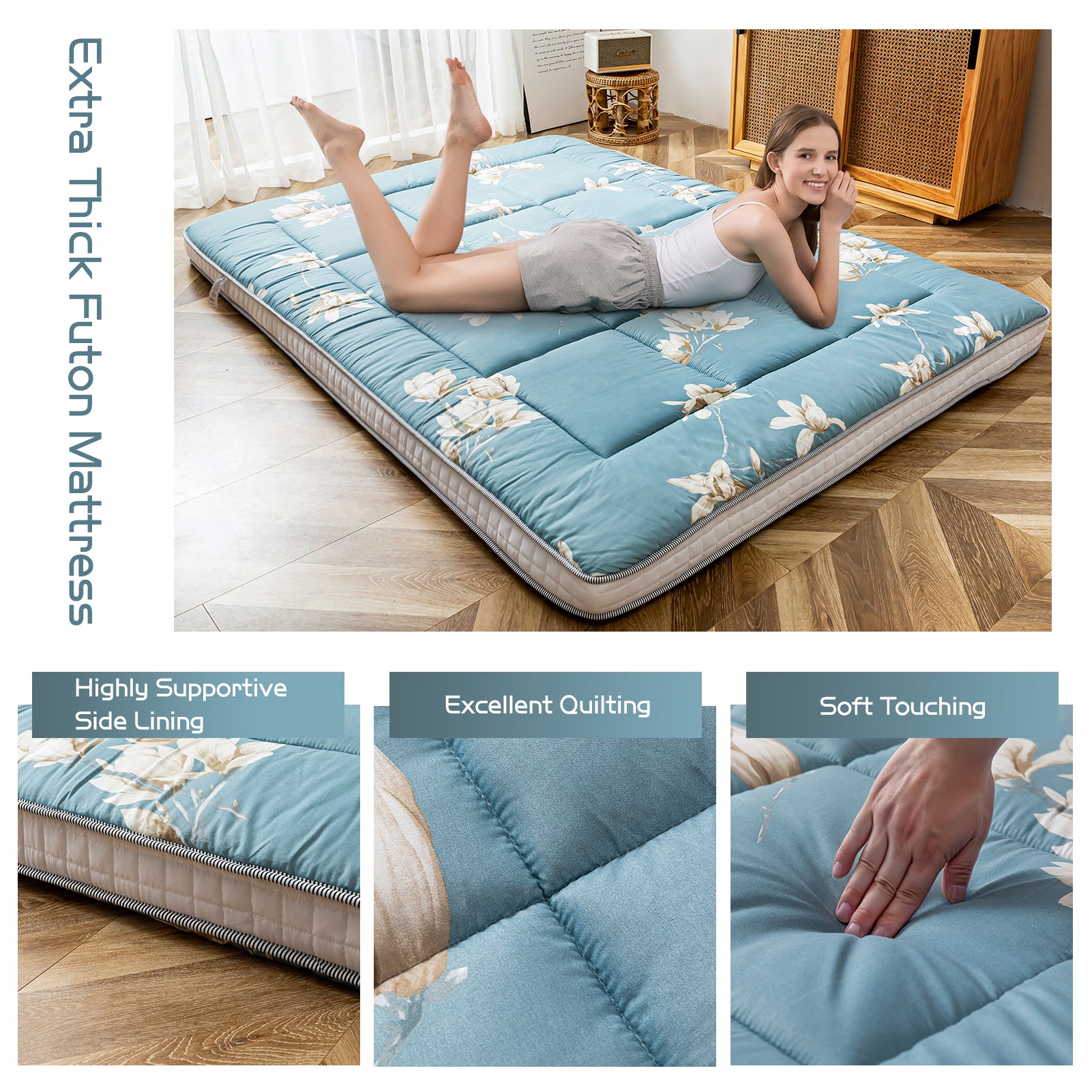 MAXYOYO Padded Japanese Floor Mattress - Floral Printed Futon Mattress & Folding Sleeping Pad for Guest Bed, Camping, Yoga & Meditation | Comfortable Floor Cushion for Small Spaces