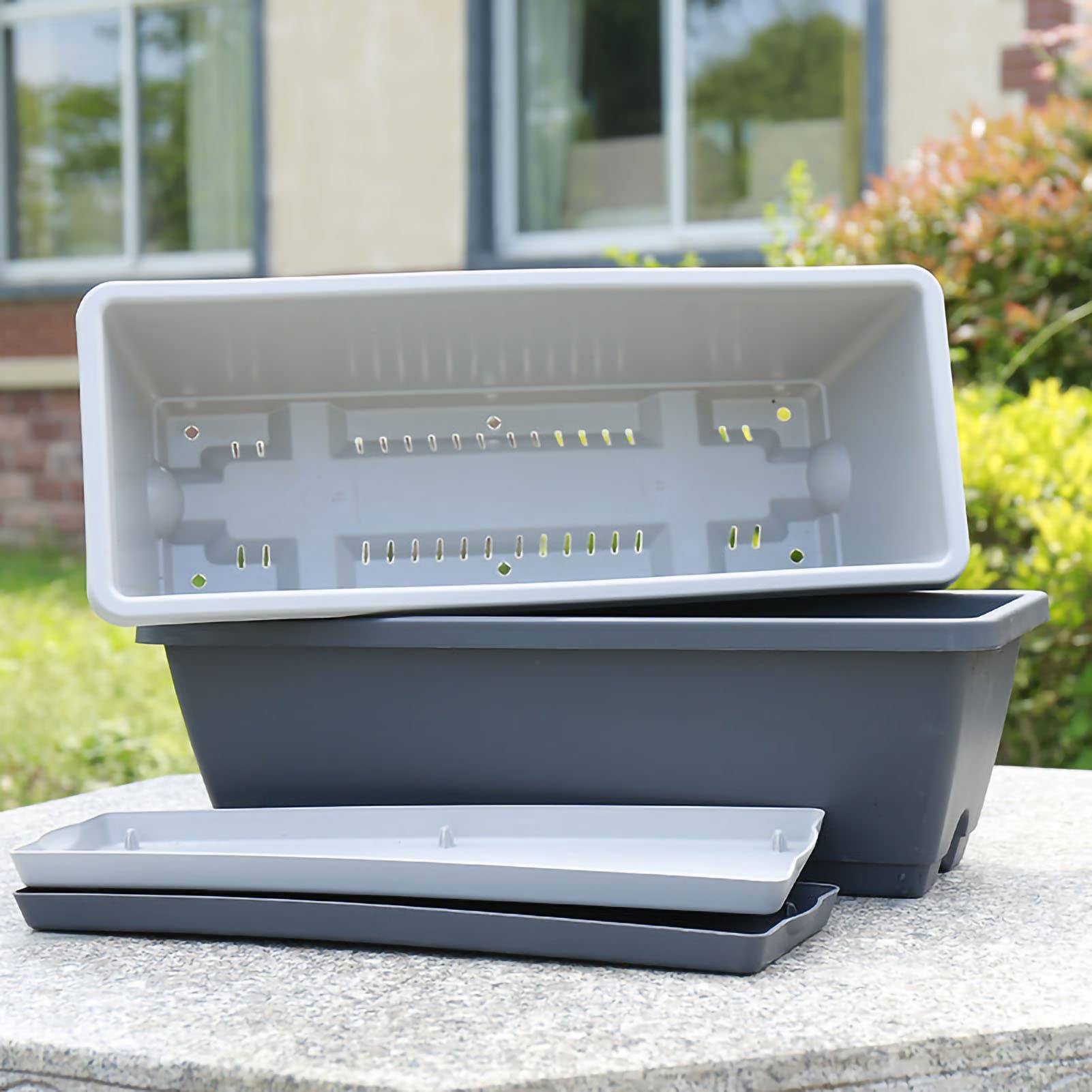 Rectangular Flower Pot Box - Thickened PP5 Resin Planter with Spout Design, Reinforced & Lightweight (43x19cm, Light Grey) - Perfect for Kitchen Windows, Windowsills, Balcony Decor & Indoor Herb Gardens
