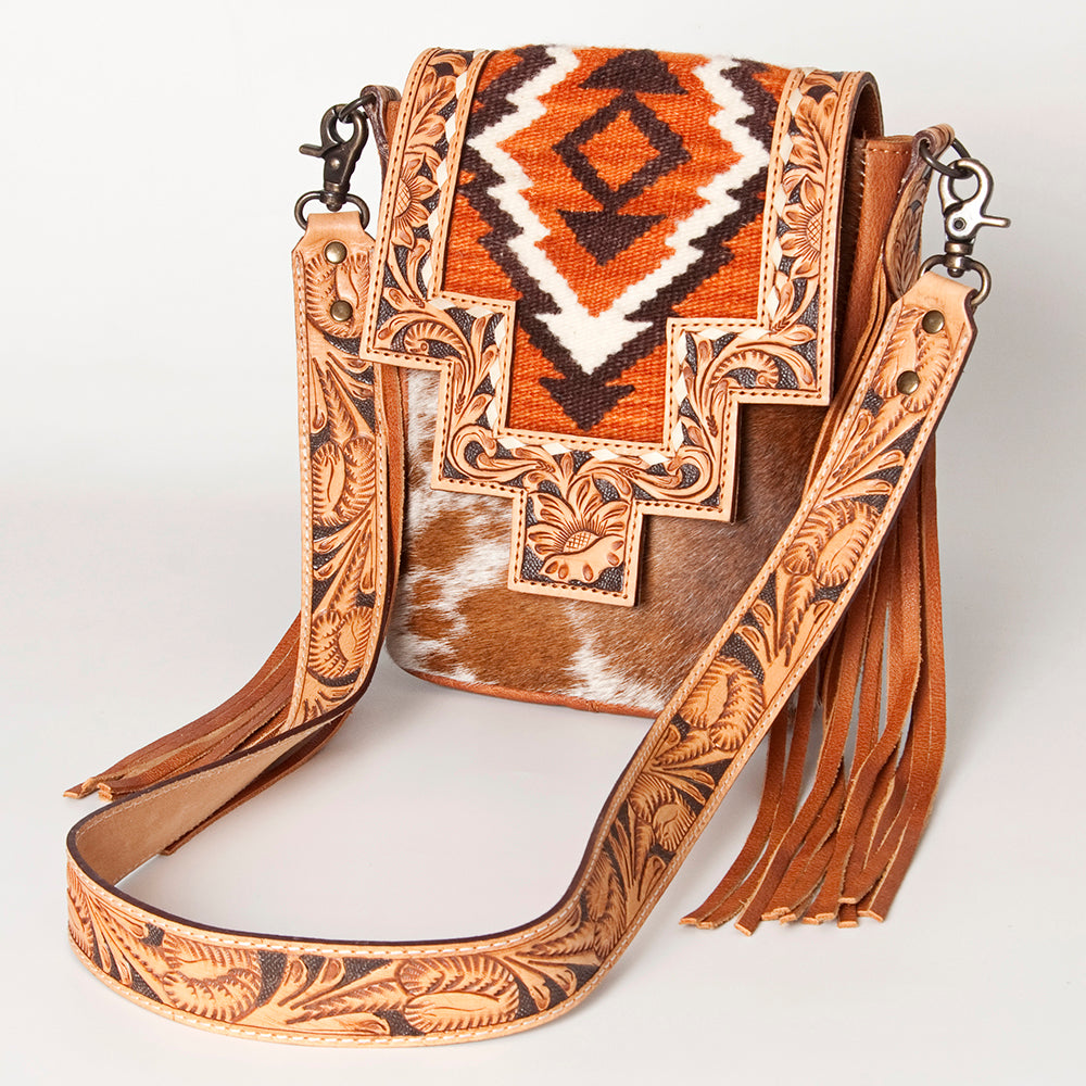 Genuine Leather Western Handbag for Women - American Darling Hand Tooled Saddle Blanket Hair On Purse - Perfect for Cowgirl Fashion, Rodeo Events & Western Style Outfits