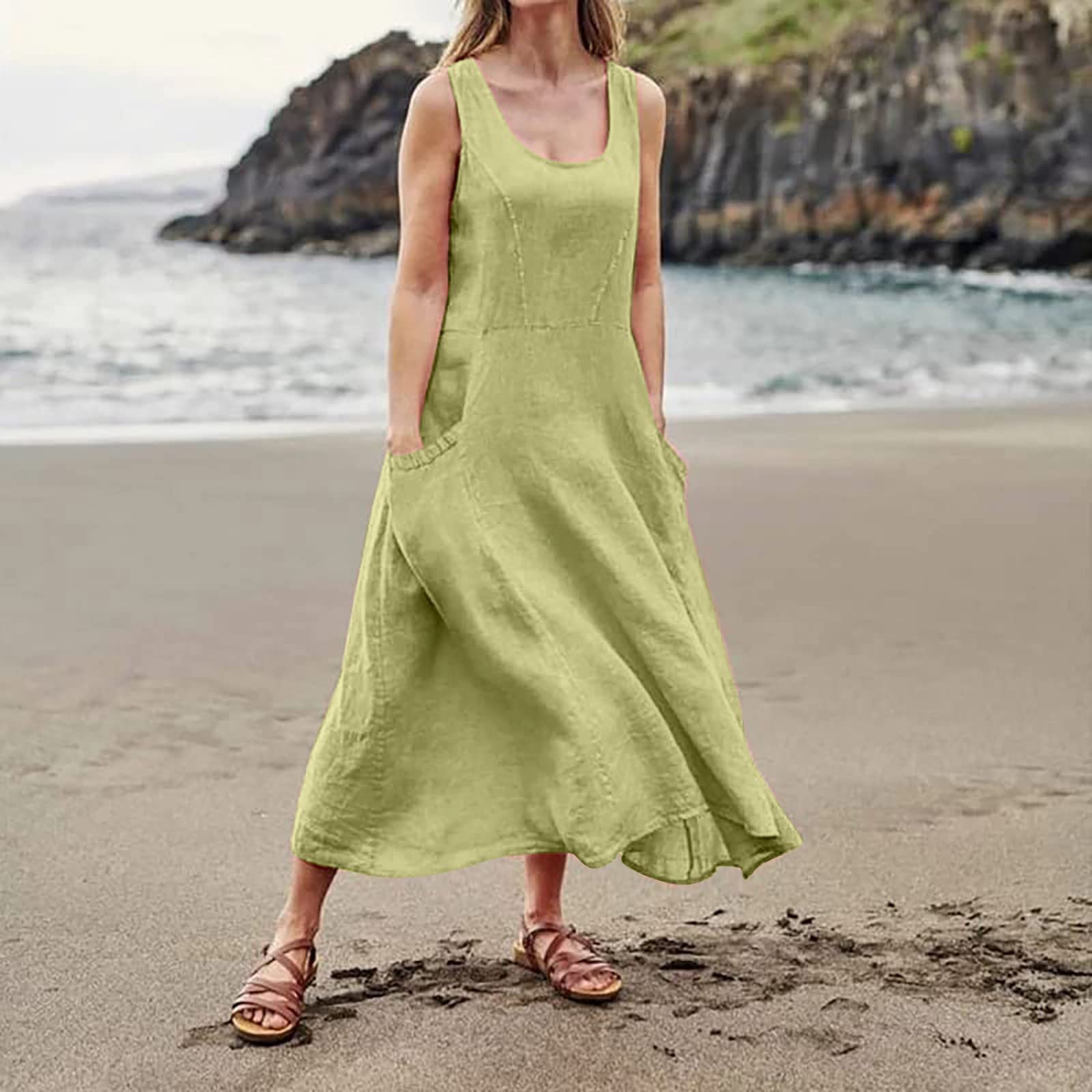 Women's Summer Casual Cocktail Dress - Sleeveless Cotton Linen Pocket Dress in Solid Colors | Perfect for Parties, Weddings & Beach Vacations