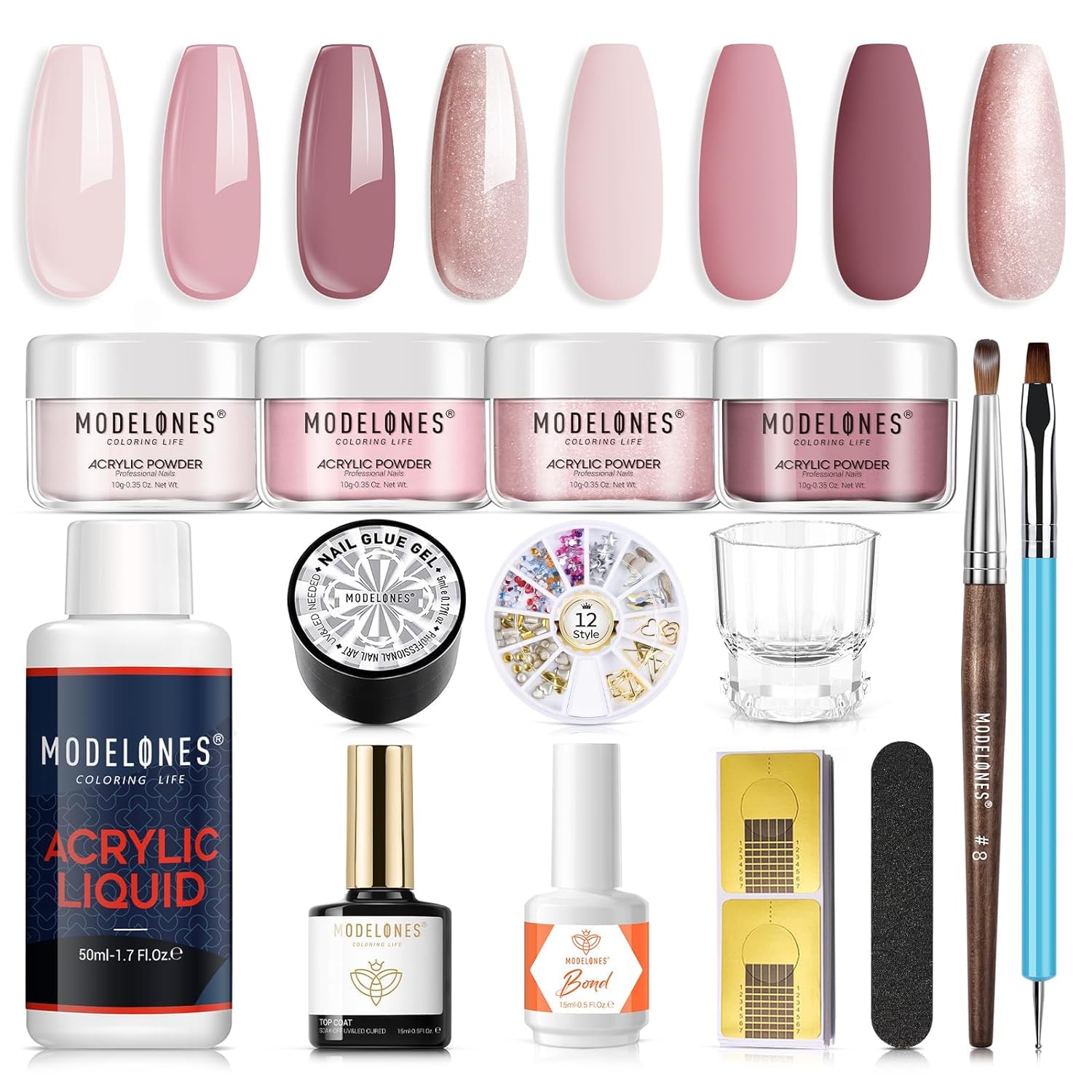 Modelones 14pcs Acrylic Nail Kit with Pink Acrylic Powder, Liquid Monomer, Nail Brush, Gel Glue & Top Coat - Professional Nail Extension Starter Set for Beginners | DIY Salon Manicure at Home, Party & Wedding Nail Art