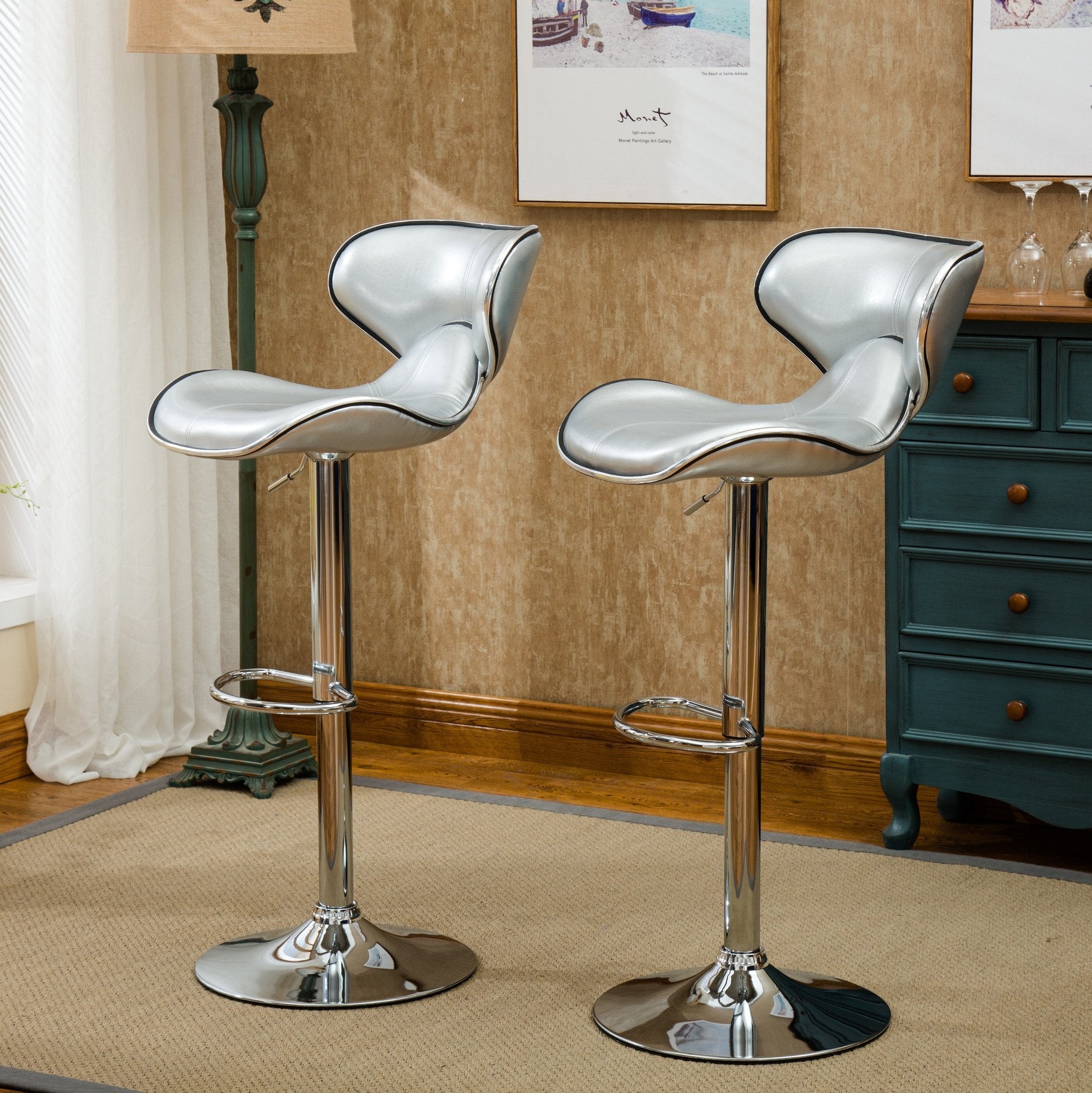Roundhill Furniture Masaccio Adjustable Swivel Bar Stool - Set of 2, Leatherette Upholstered with Chrome Base, Silver - Perfect for Kitchen Islands, Home Bars & Counter Height Dining