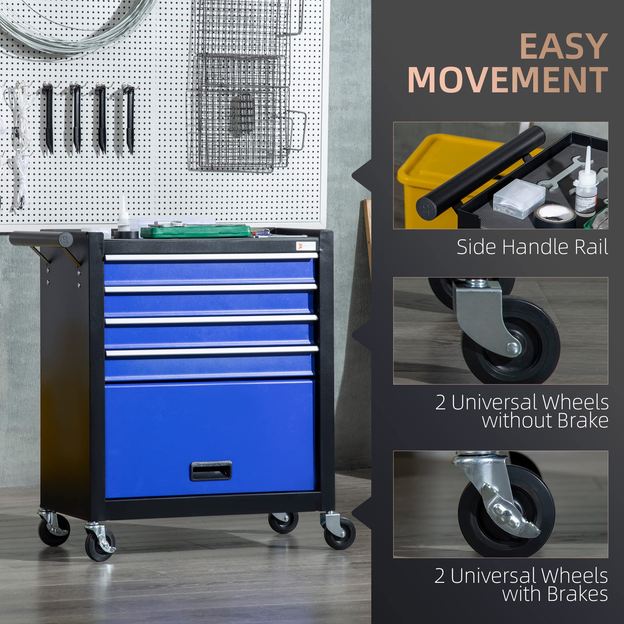 DURHAND 4-Drawer Rolling Tool Chest with Wheels - Heavy Duty Tool Storage Cabinet & Portable Tool Organizer for Garage, Workshop, Factory - Blue - Perfect for Mechanics, DIY Enthusiasts & Professional Tool Organization