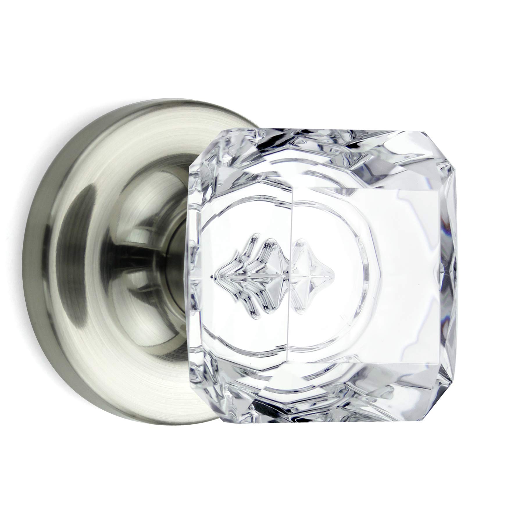 (7 Pack) Privacy Crystal Door Knobs - Satin Nickel Finish with Round Rosette for Bedroom, Bathroom & Closet Doors | Princess Cut Design for Elegant Home Decor