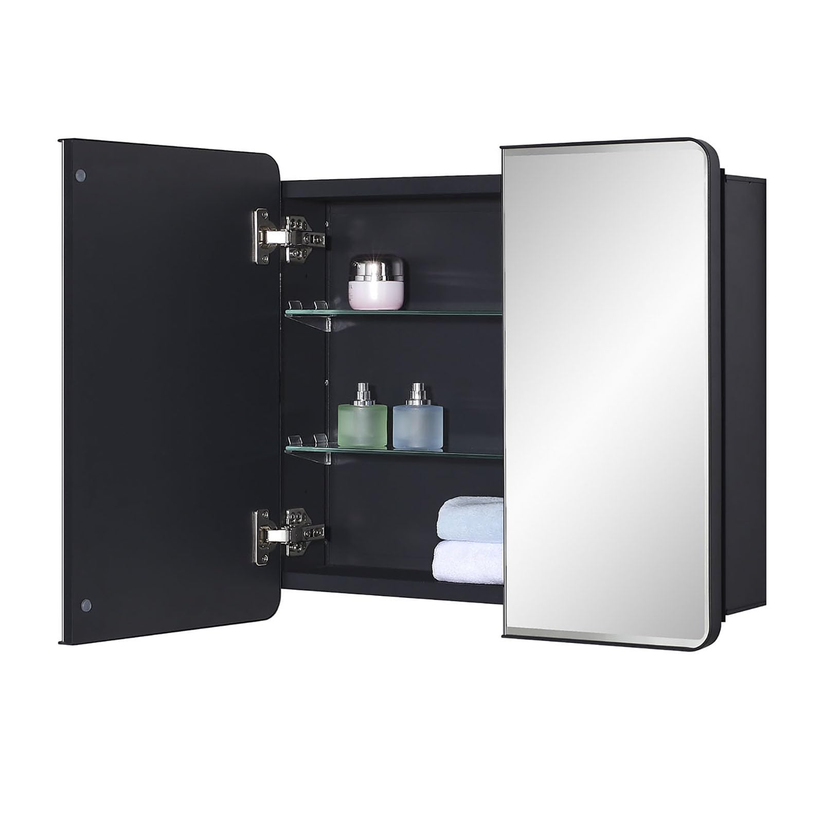 Black Bathroom Medicine Cabinet with Round Corner Framed Door - 22 x 20 Inch Beveled Edge Mirror, Recessed or Surface Mount, Adjustable Glass Shelves for Bathroom Storage & Organization (Perfect for Small Bathrooms & Vanities)