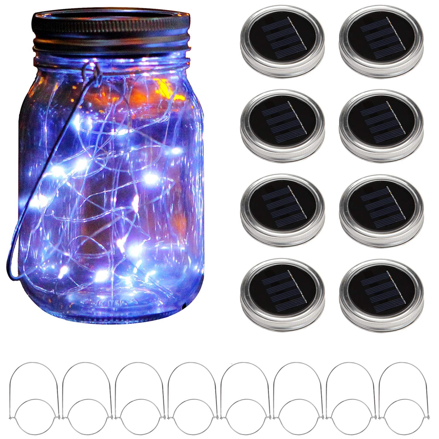 8 Pack Solar Mason Jar Lid String Lights - 10 LED Fairy Starry Firefly Lights with 8 Handles for Outdoor Indoor Patio Wedding Garden Party Decor (Jars Not Included, White) - Perfect for Romantic Evenings, Backyard Gatherings and Special Events