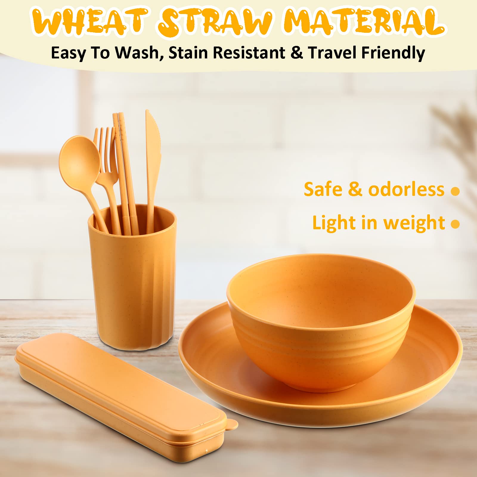 56-Piece Wheat Straw Dinnerware Set - Unbreakable Plastic Plates & Bowls for Kids, Travel, Picnic, Camping | Colorful, Dishwasher & Microwave Safe, Lightweight Reusable Tableware | Perfect for Outdoor Adventures, Family Gatherings & Daily Meals