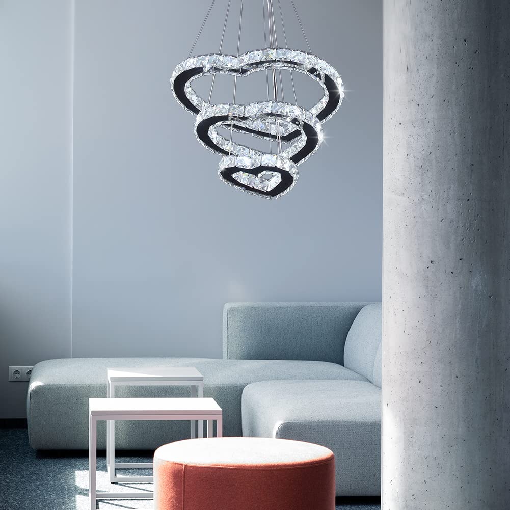 Winretro Modern 3 Ring Crystal Heart LED Chandelier - Stainless Steel Chrome Pendant Light Fixture for Ceiling - Elegant Lighting for Living Room, Dining Room, Kitchen & Bedroom | Perfect for Romantic Dinners, Home Decor & Wedding Venues